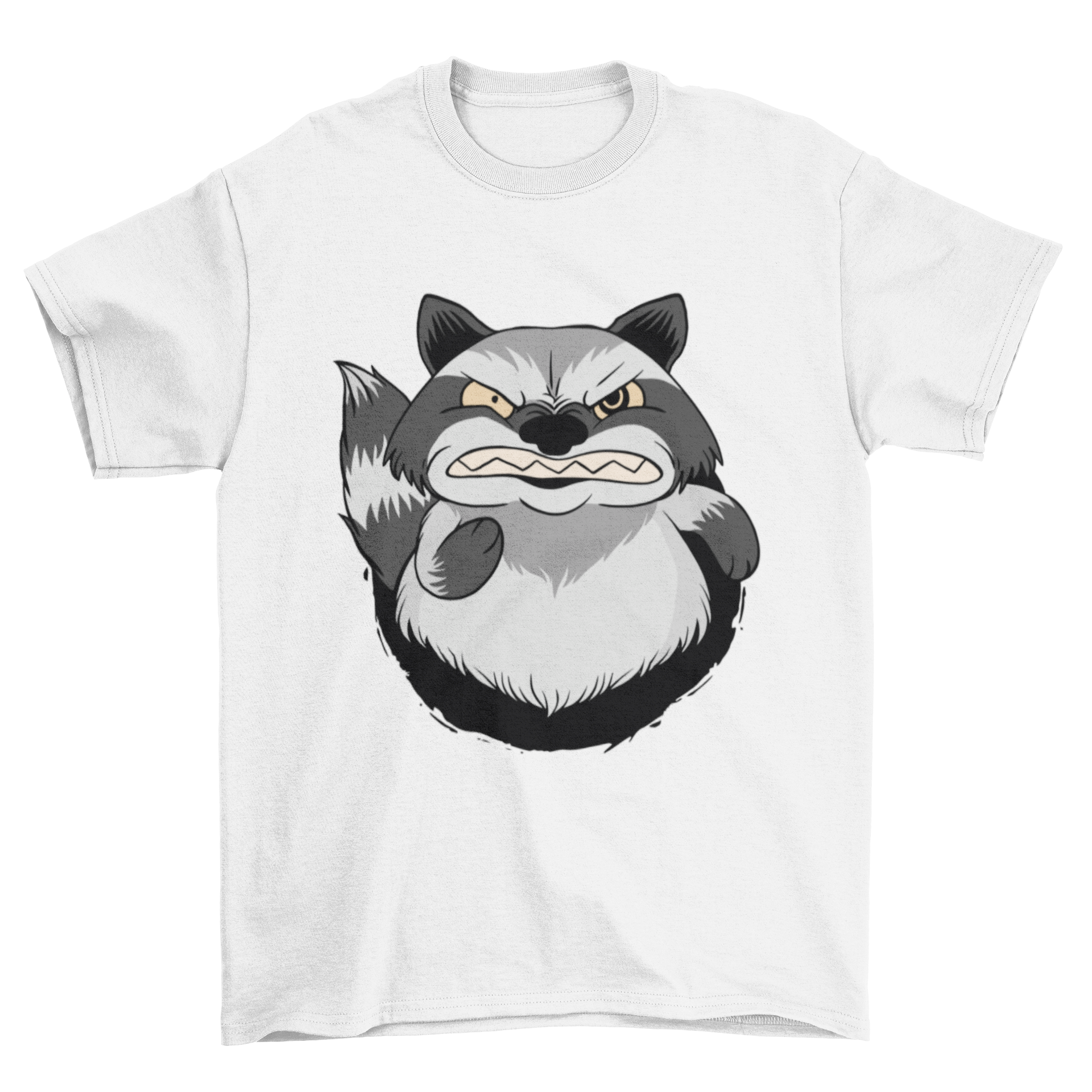 A stylish t-shirt featuring an illustration of an angry raccoon, showcasing its fierce expression and detailed design.