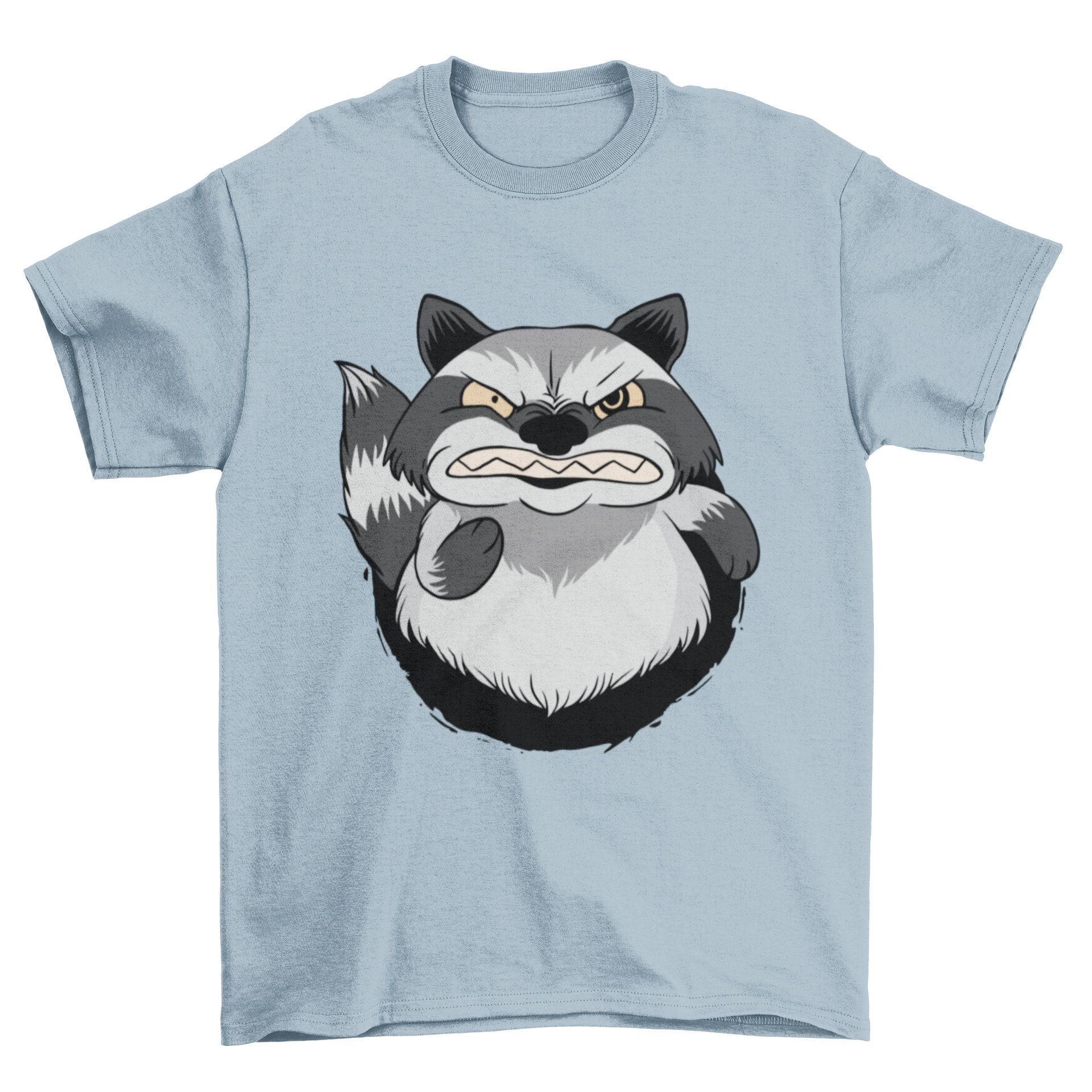 A stylish t-shirt featuring an illustration of an angry raccoon, showcasing its fierce expression and detailed design.