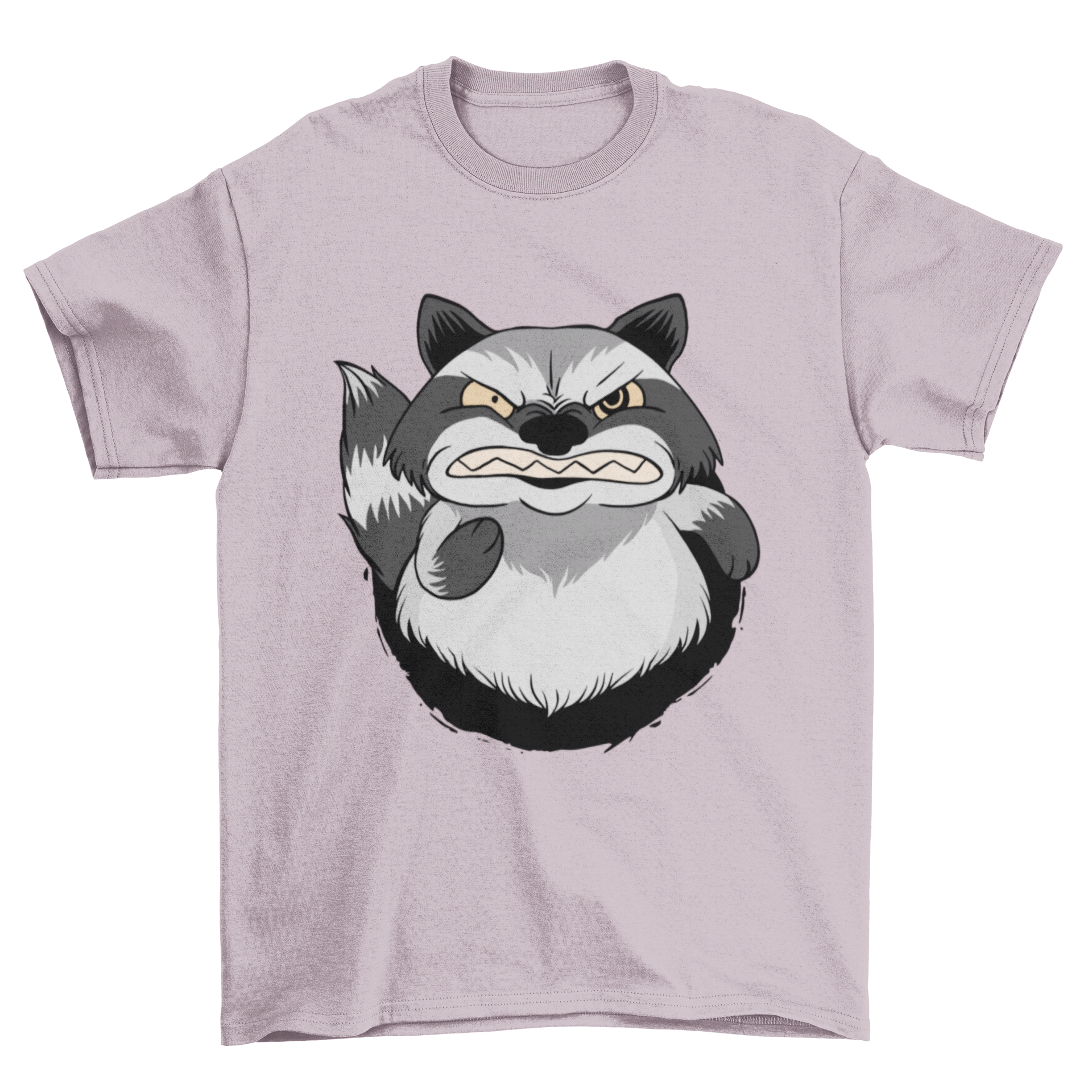 A stylish t-shirt featuring an illustration of an angry raccoon, showcasing its fierce expression and detailed design.