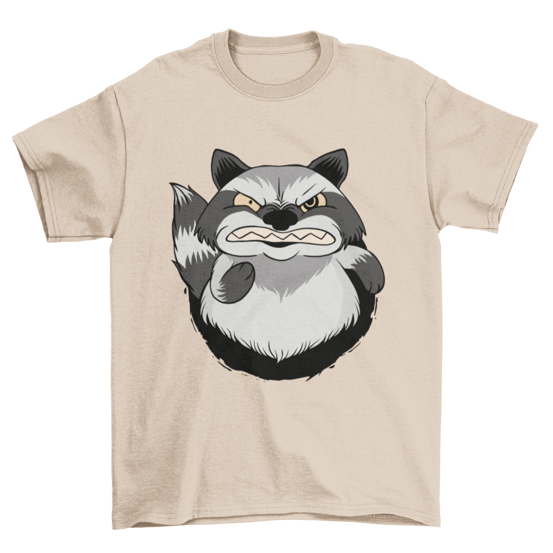 A stylish t-shirt featuring an illustration of an angry raccoon, showcasing its fierce expression and detailed design.