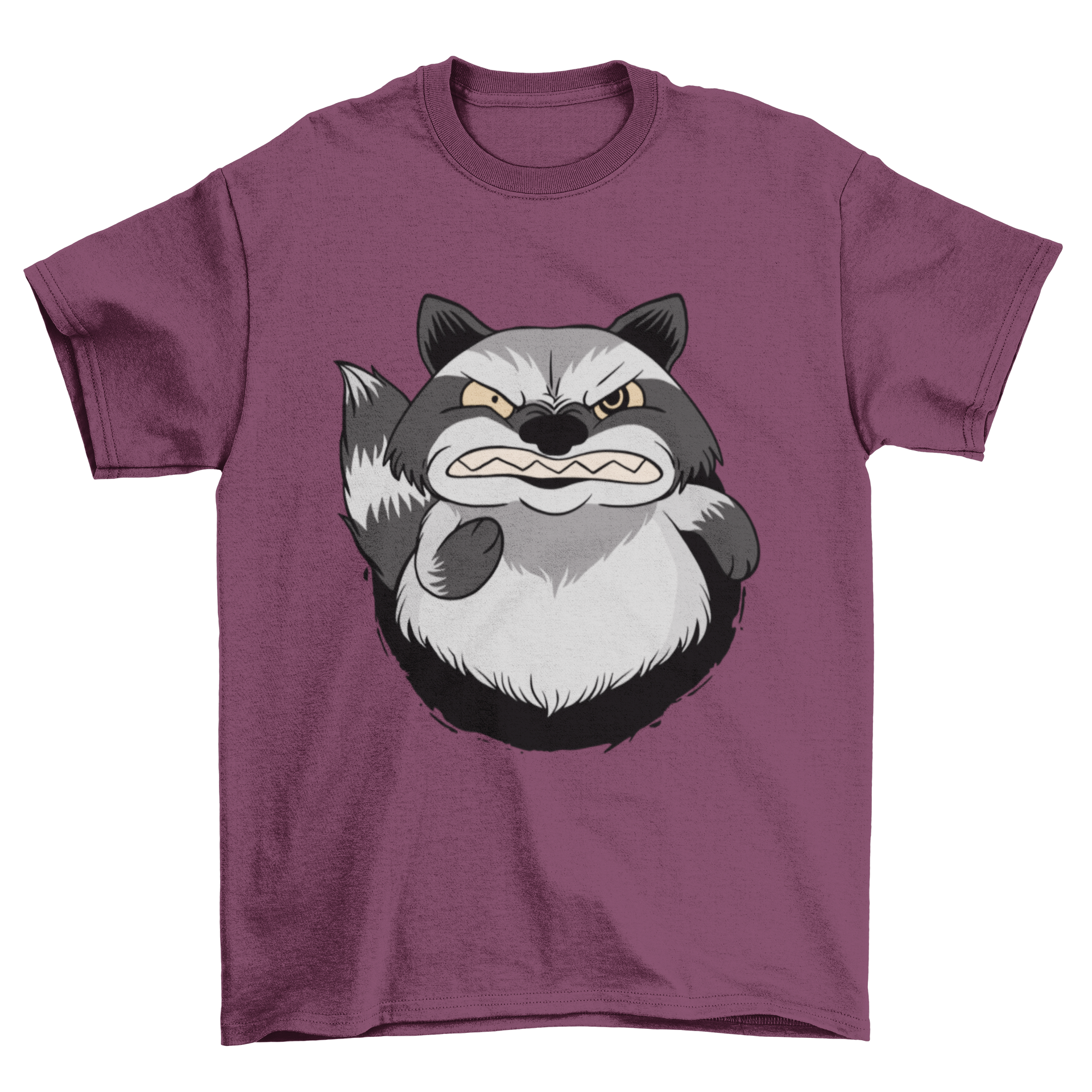 A stylish t-shirt featuring an illustration of an angry raccoon, showcasing its fierce expression and detailed design.