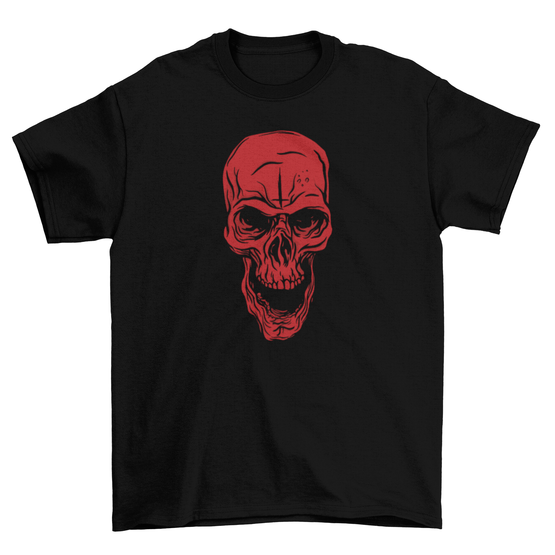 Angry Red Skull T-Shirt featuring a vibrant red skull design on a black background, perfect for casual wear and merchandise.