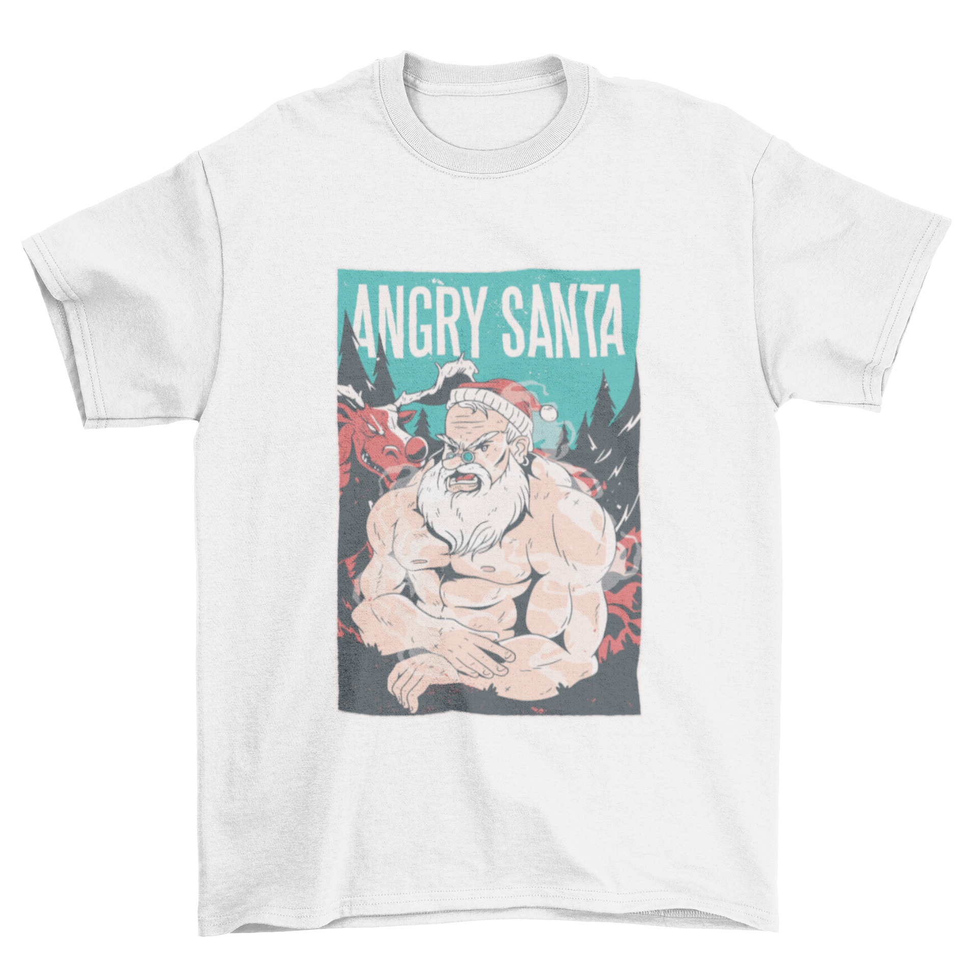 Angry Santa t-shirt featuring a muscular Santa and reindeer illustration with the caption 'Angry Santa'.