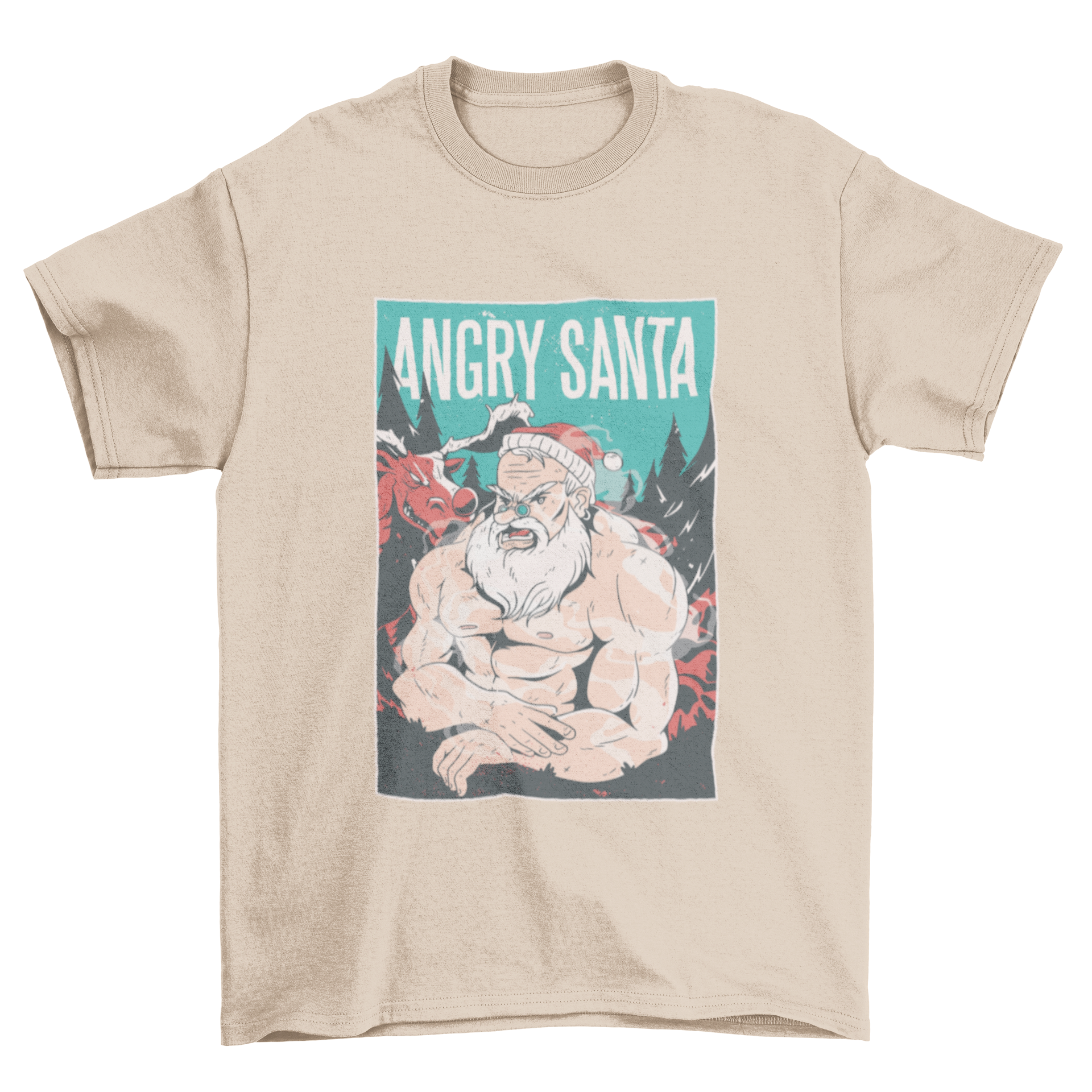 Angry Santa t-shirt featuring a muscular Santa and reindeer illustration with the caption 'Angry Santa'.