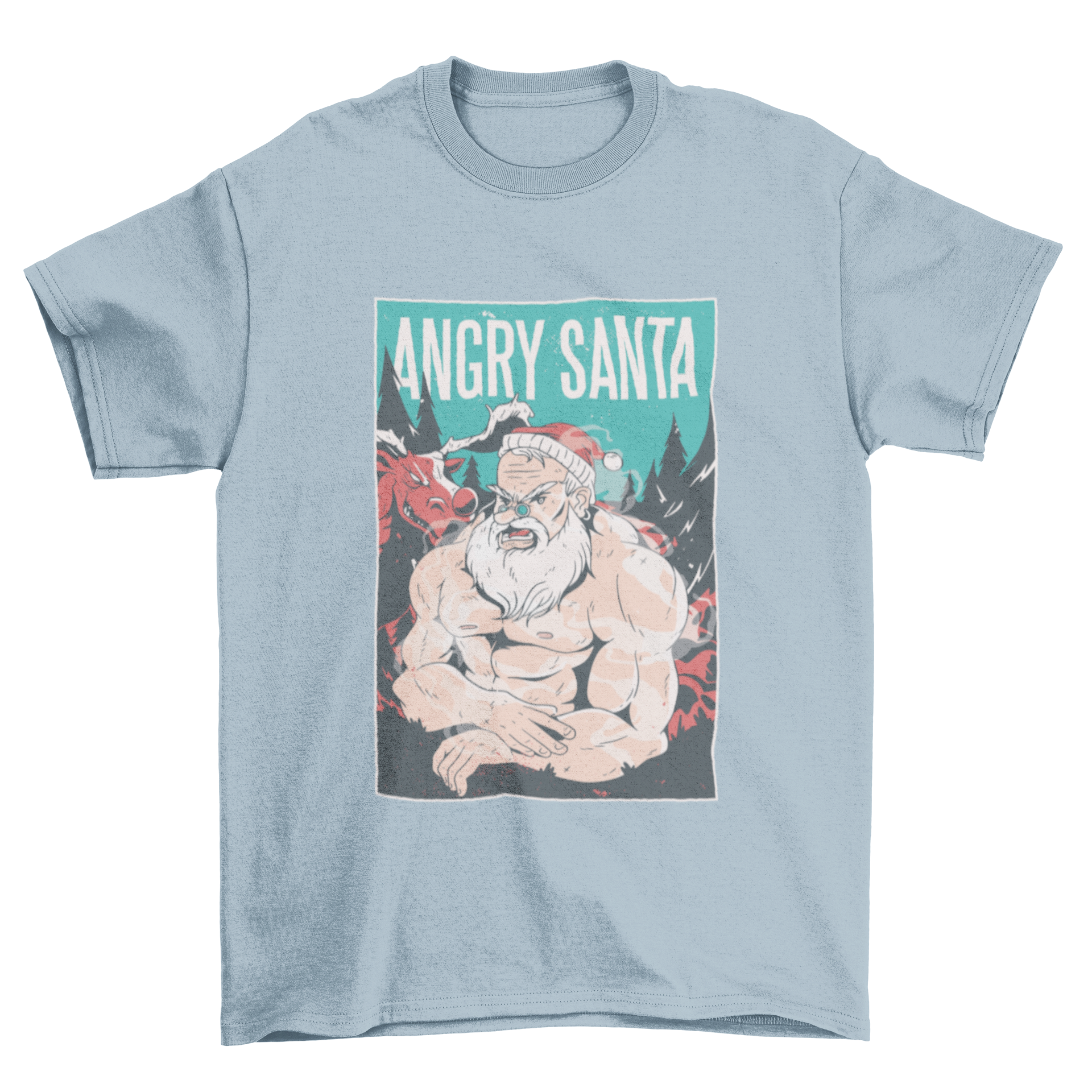 Angry Santa t-shirt featuring a muscular Santa and reindeer illustration with the caption 'Angry Santa'.