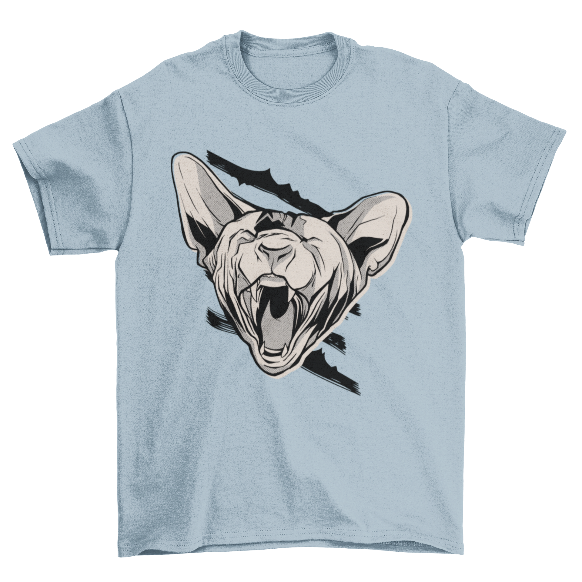 Black and white t-shirt featuring an angry sphinx cat design, showcasing its unique and expressive features.