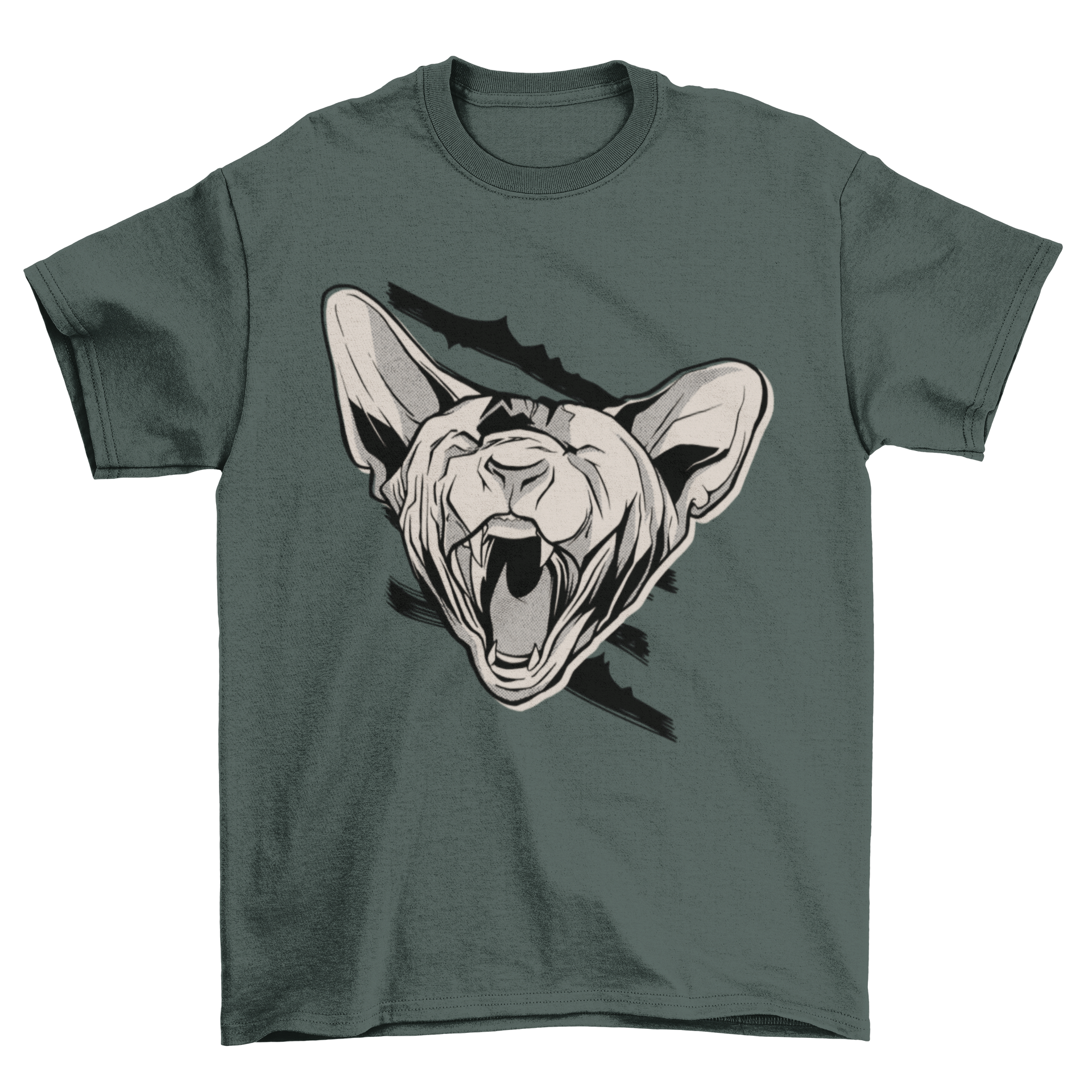 Black and white t-shirt featuring an angry sphinx cat design, showcasing its unique and expressive features.