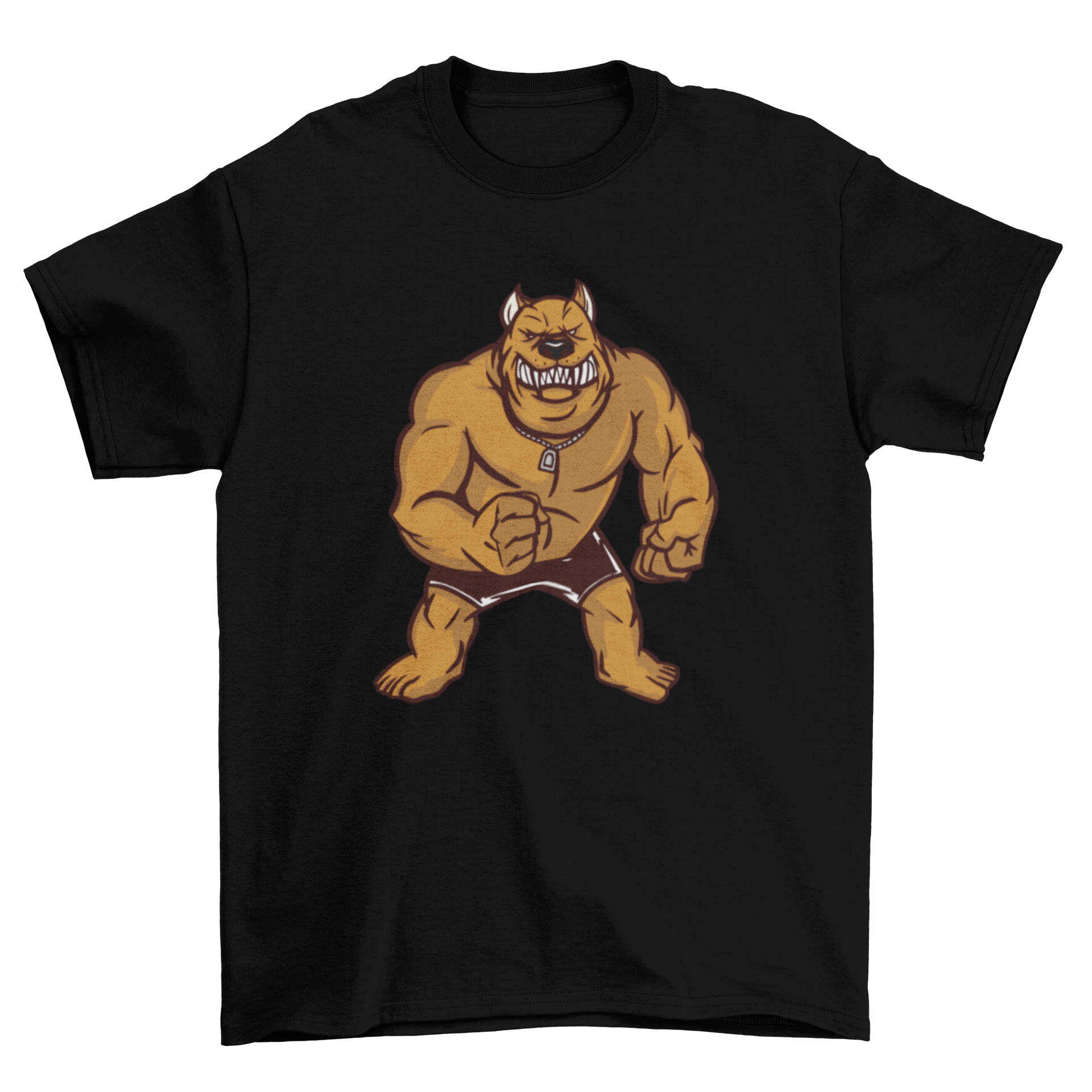 A stylish t-shirt featuring an illustration of an angry muscular pitbull, showcasing its strength and fierce expression.