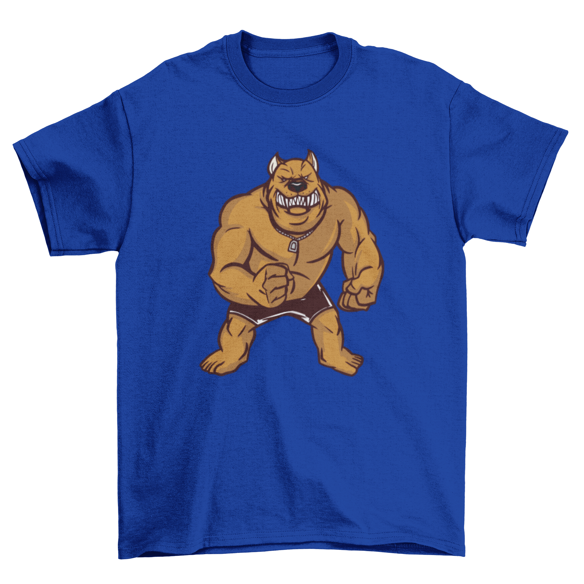 A stylish t-shirt featuring an illustration of an angry muscular pitbull, showcasing its strength and fierce expression.