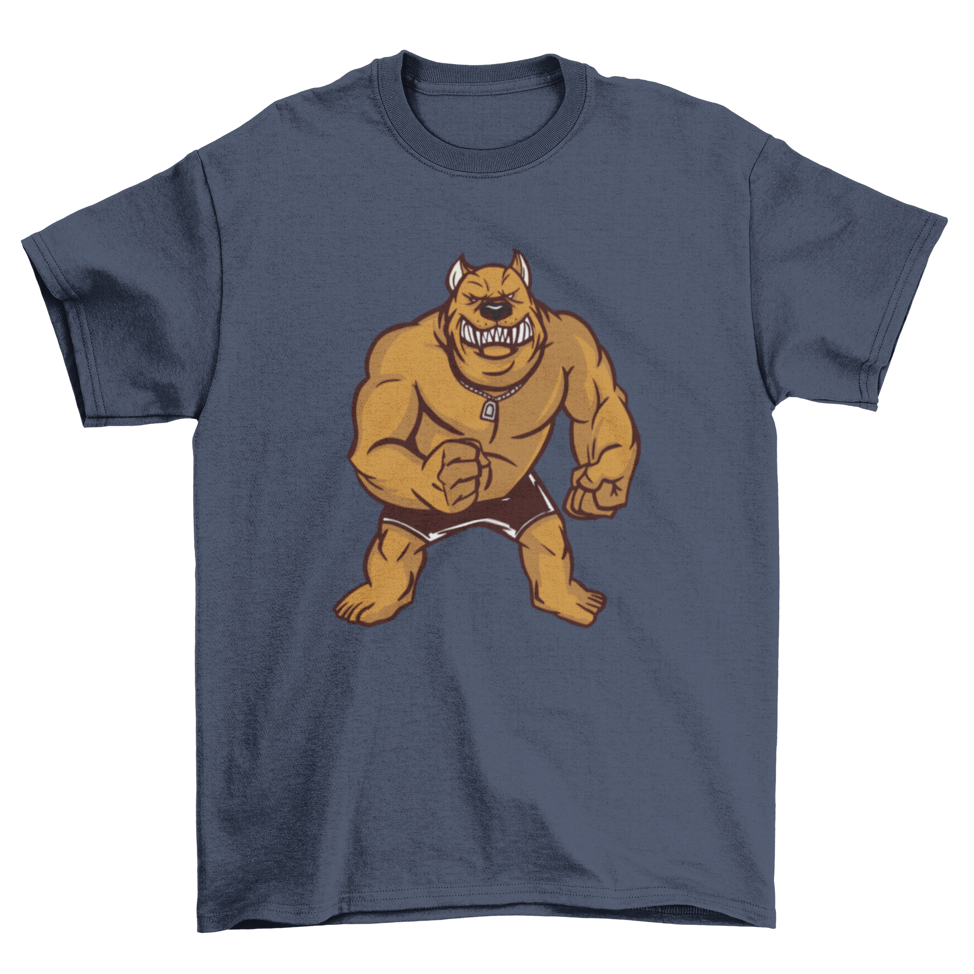 A stylish t-shirt featuring an illustration of an angry muscular pitbull, showcasing its strength and fierce expression.