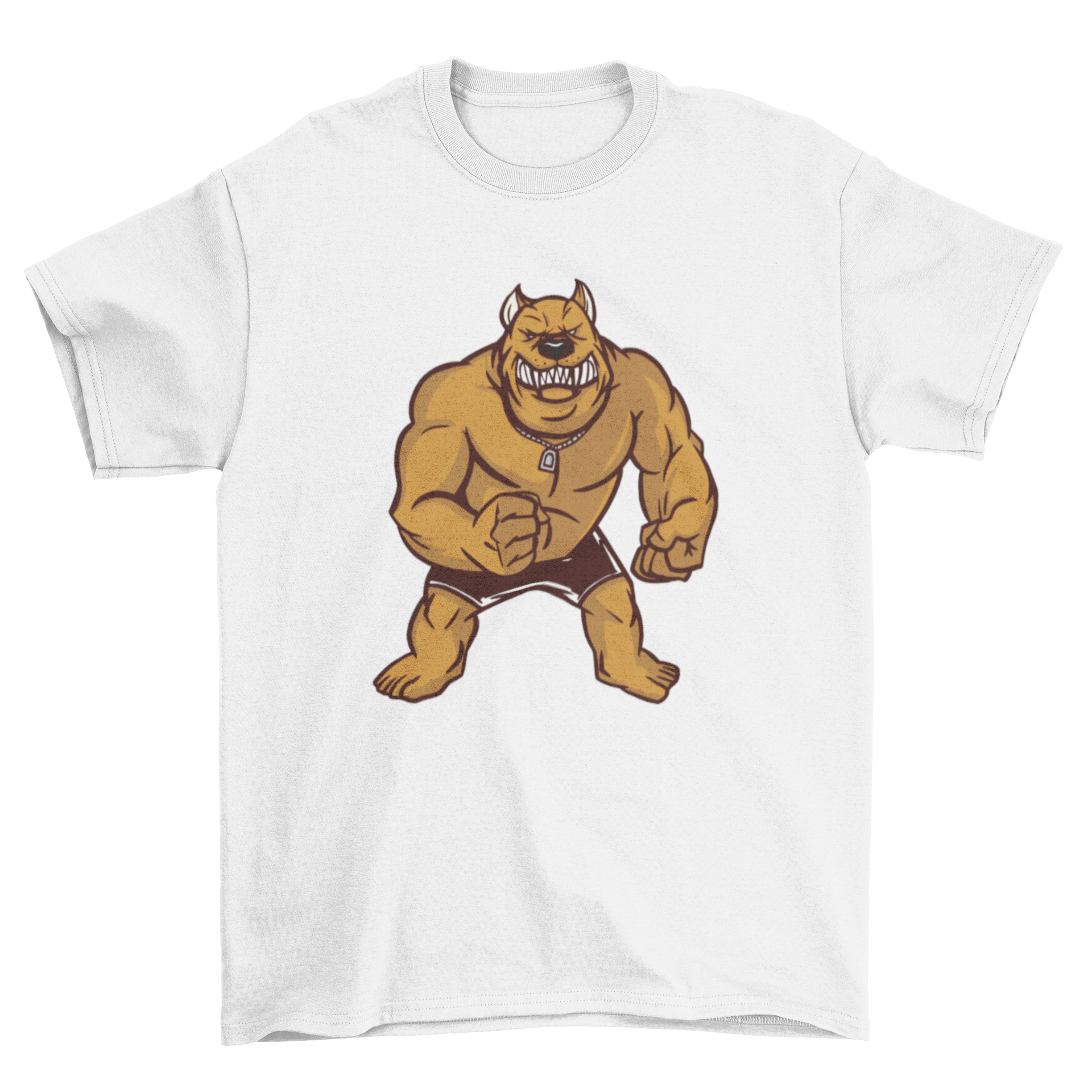 A stylish t-shirt featuring an illustration of an angry muscular pitbull, showcasing its strength and fierce expression.