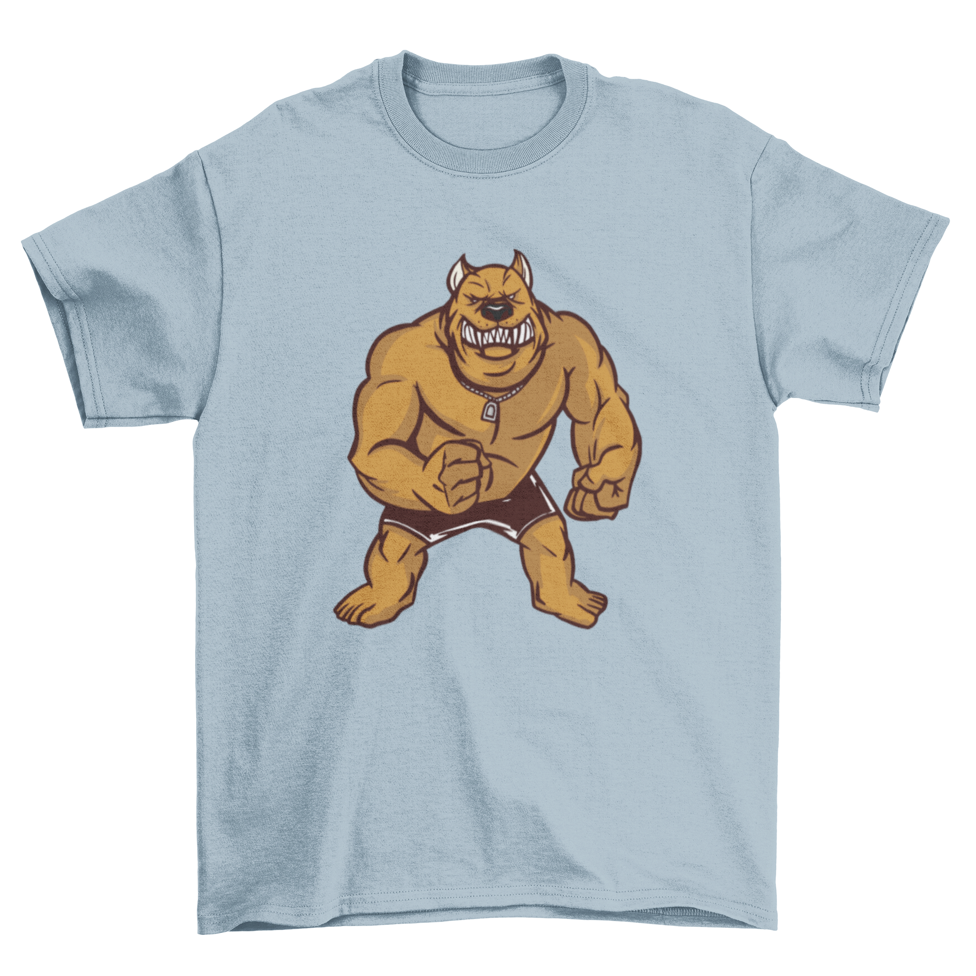 A stylish t-shirt featuring an illustration of an angry muscular pitbull, showcasing its strength and fierce expression.