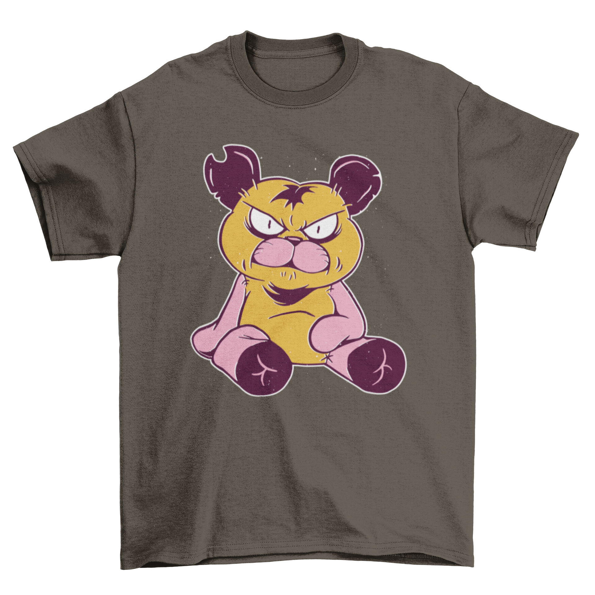 A stylish t-shirt featuring an angry teddy bear graphic, perfect for casual wear.