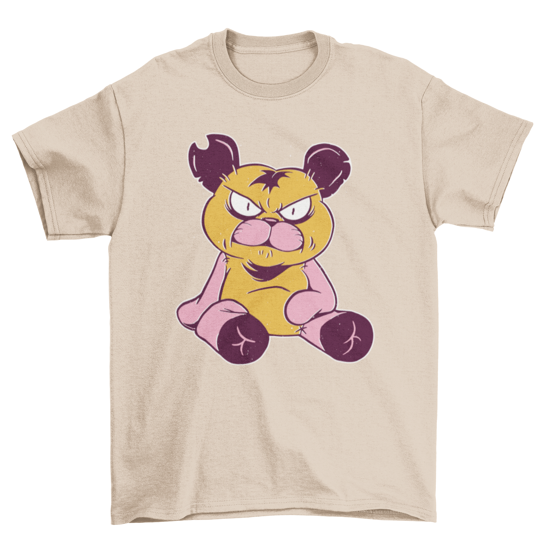 A stylish t-shirt featuring an angry teddy bear graphic, perfect for casual wear.