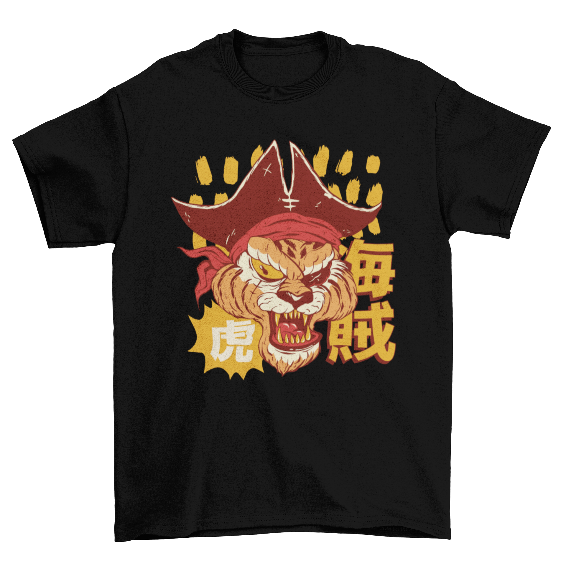 Anime-style t-shirt featuring an angry tiger pirate with Japanese characters in the background.