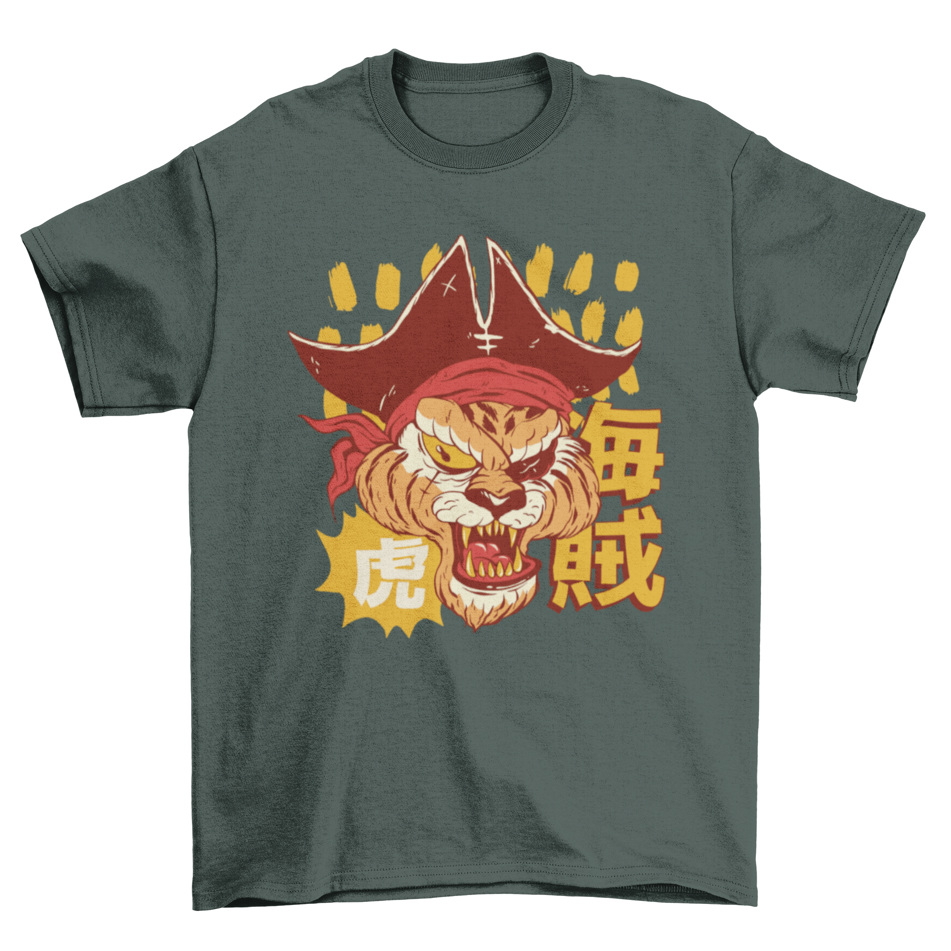 Anime-style t-shirt featuring an angry tiger pirate with Japanese characters in the background.