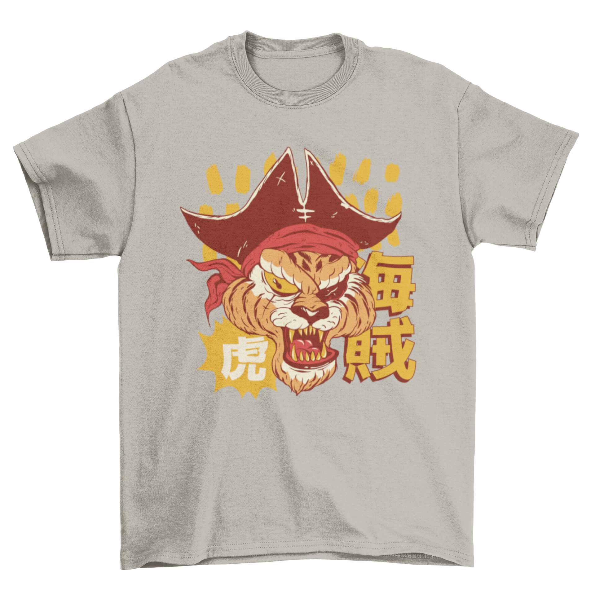 Anime-style t-shirt featuring an angry tiger pirate with Japanese characters in the background.