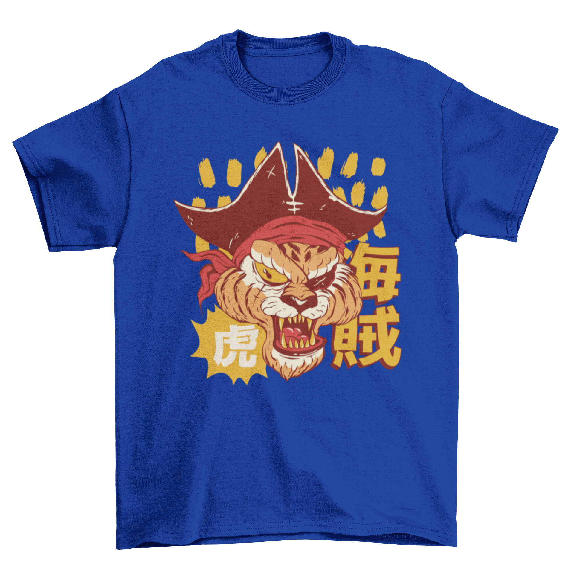 Anime-style t-shirt featuring an angry tiger pirate with Japanese characters in the background.