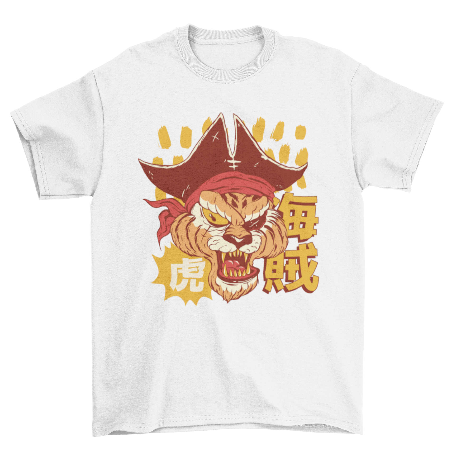 Anime-style t-shirt featuring an angry tiger pirate with Japanese characters in the background.