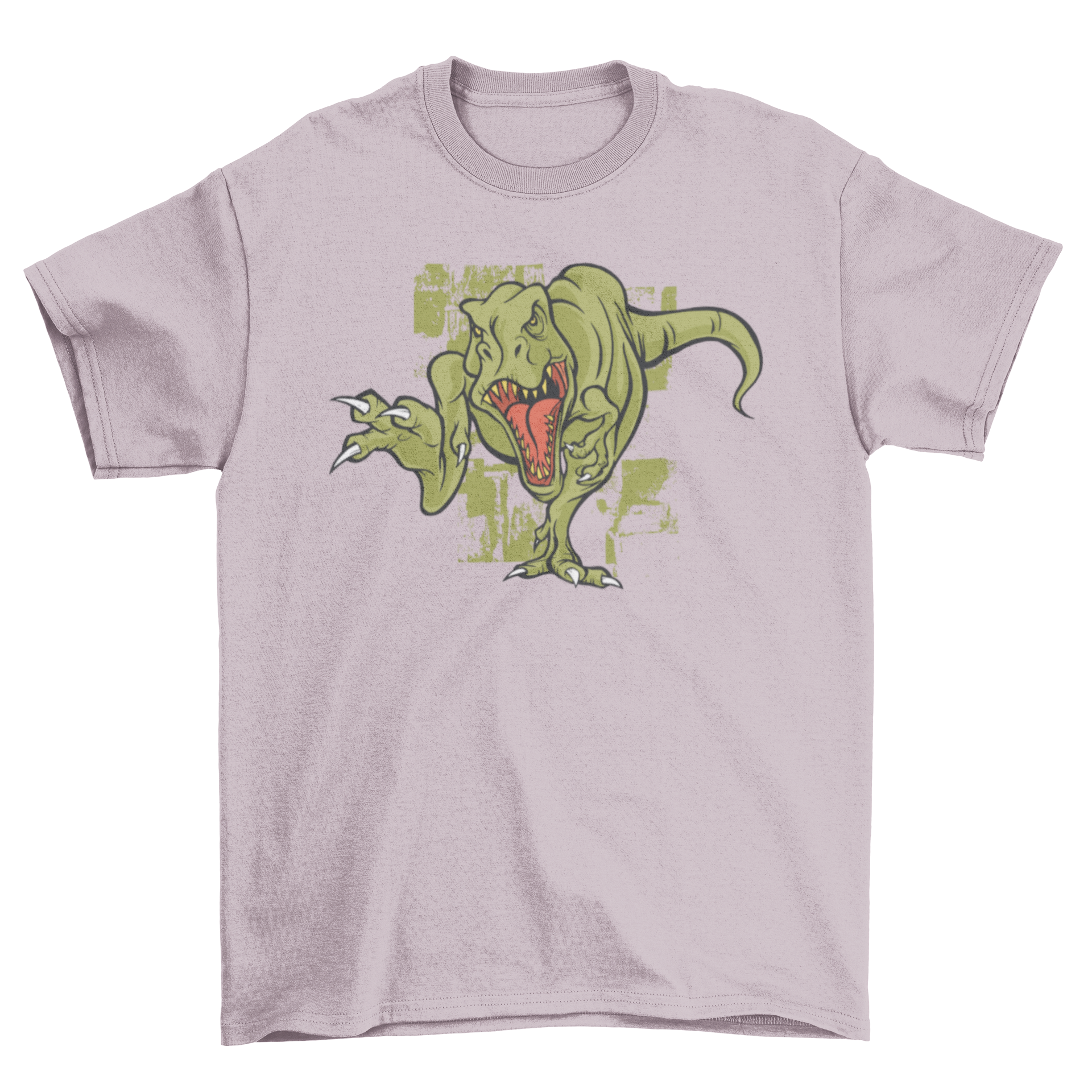 A vibrant t-shirt featuring an illustration of an angry T-Rex, showcasing its fierce expression and detailed design.