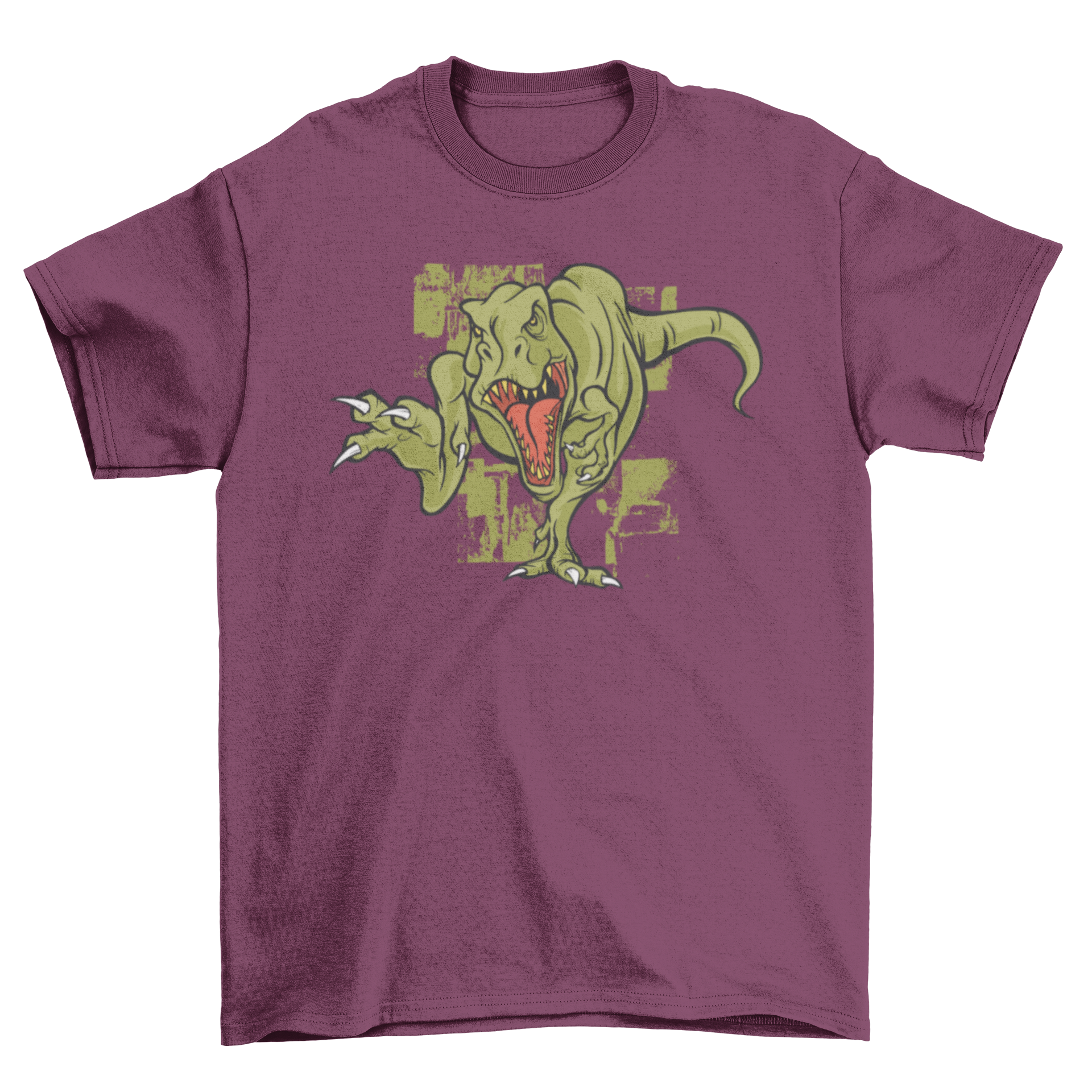 A vibrant t-shirt featuring an illustration of an angry T-Rex, showcasing its fierce expression and detailed design.