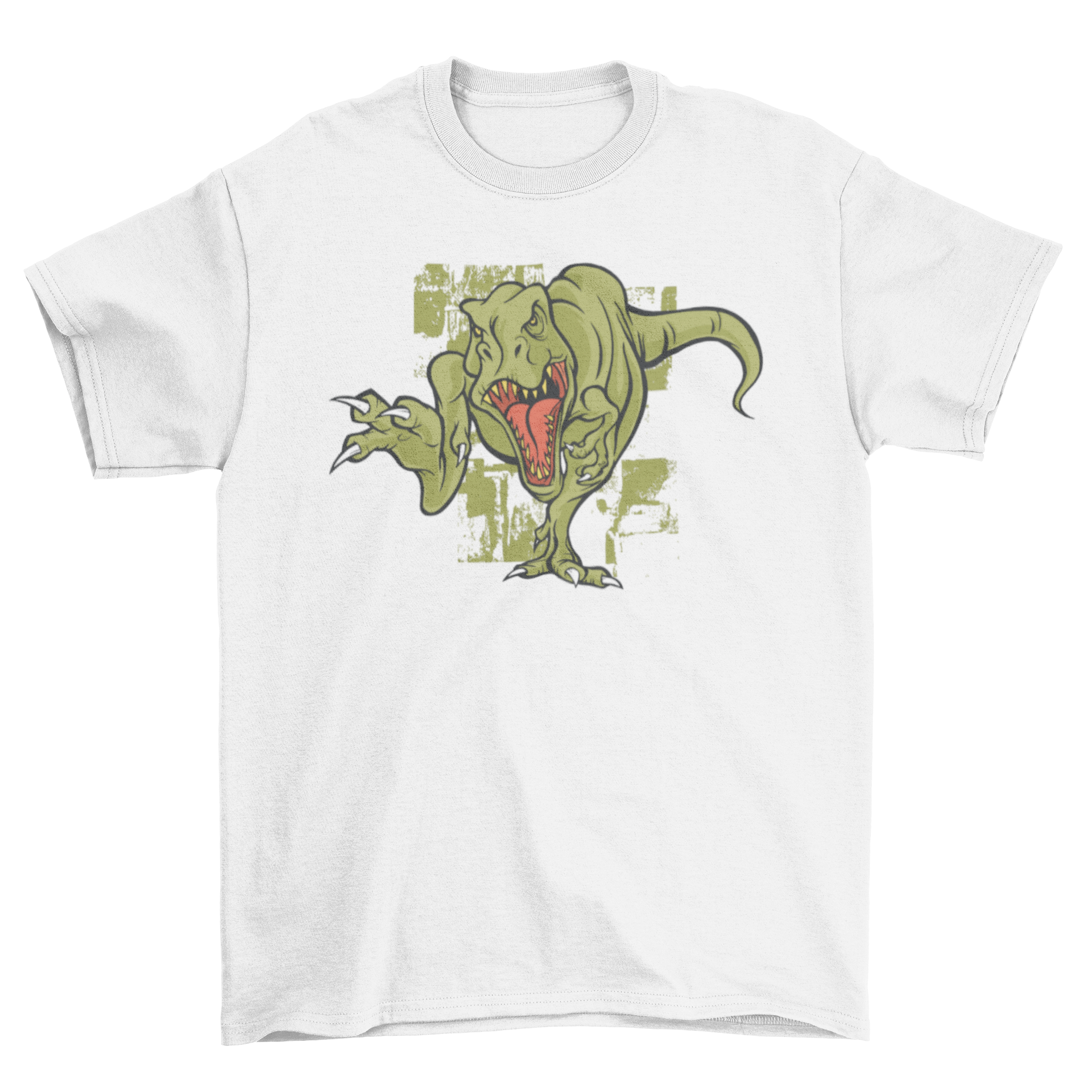 A vibrant t-shirt featuring an illustration of an angry T-Rex, showcasing its fierce expression and detailed design.