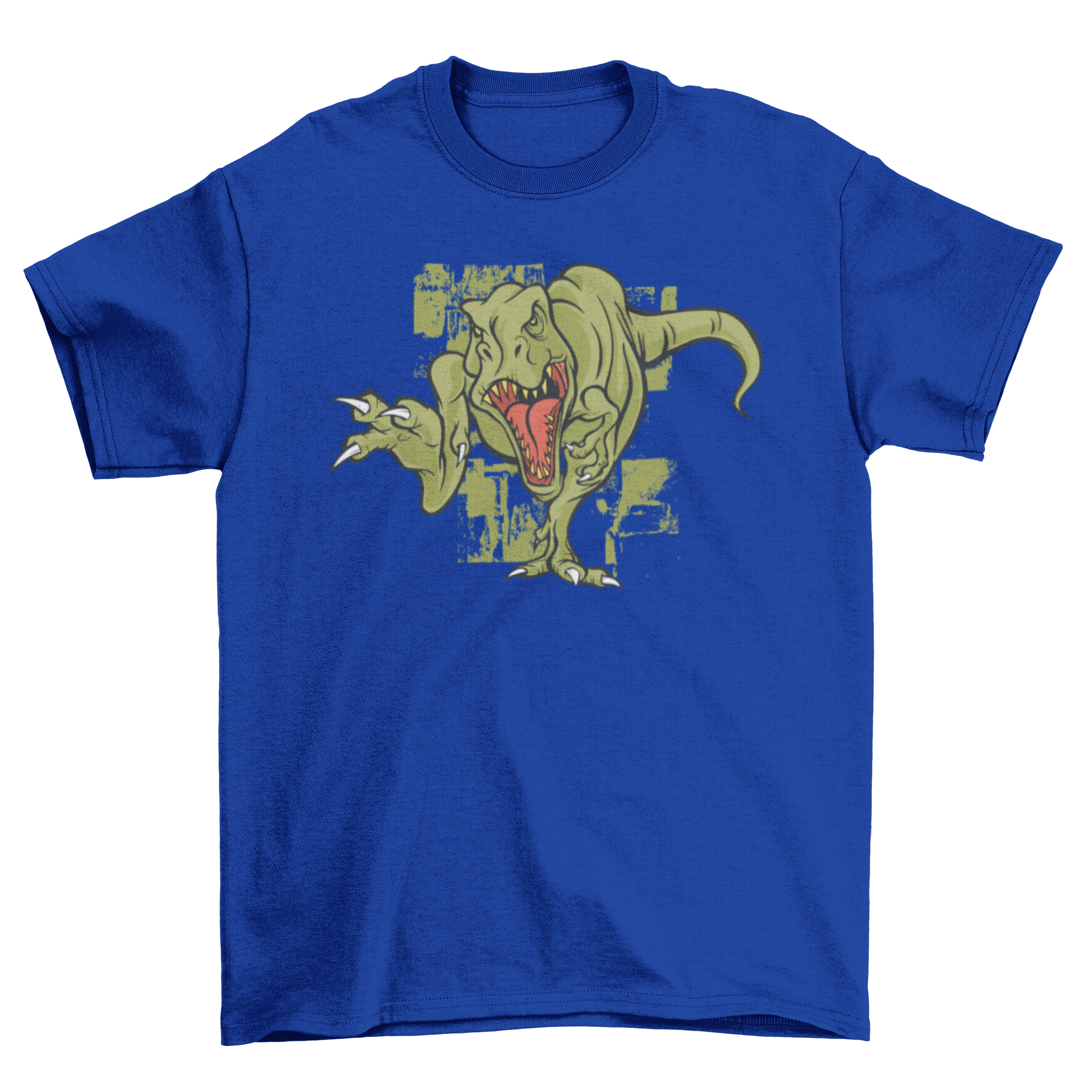 A vibrant t-shirt featuring an illustration of an angry T-Rex, showcasing its fierce expression and detailed design.