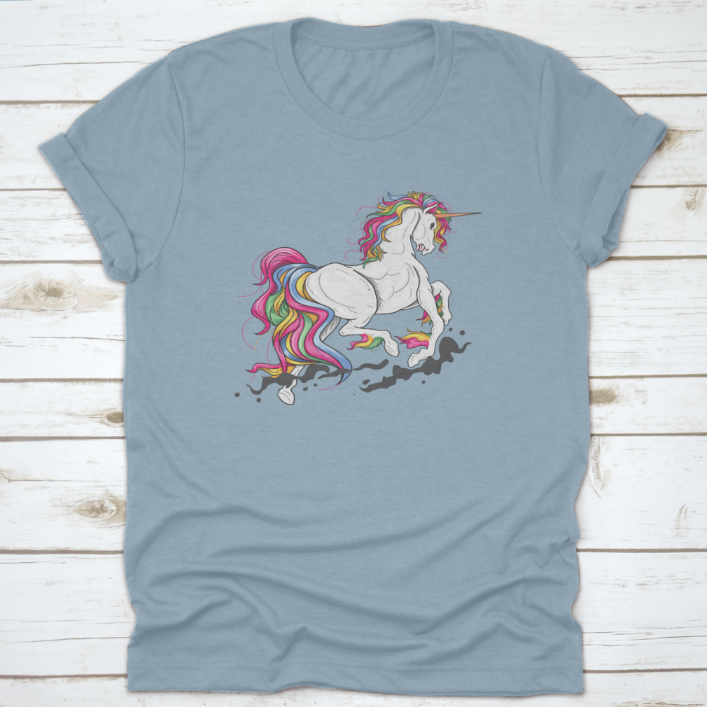 A stylish t-shirt featuring an angry unicorn graphic, made from 100% cotton, showcasing a classic fit and midweight fabric.