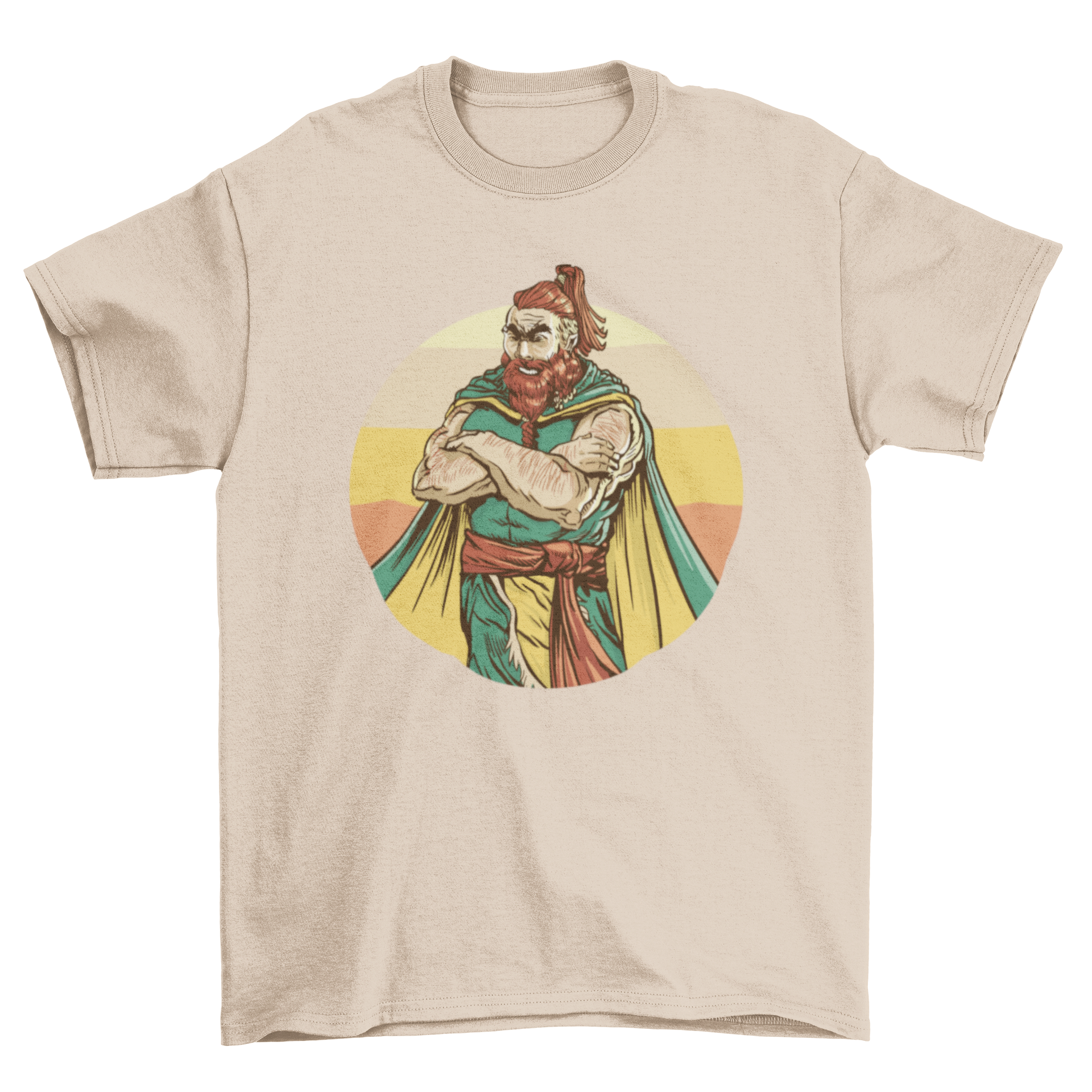 Angry Viking Character T-Shirt featuring a viking man with arms crossed, showcasing a bold and fierce design.