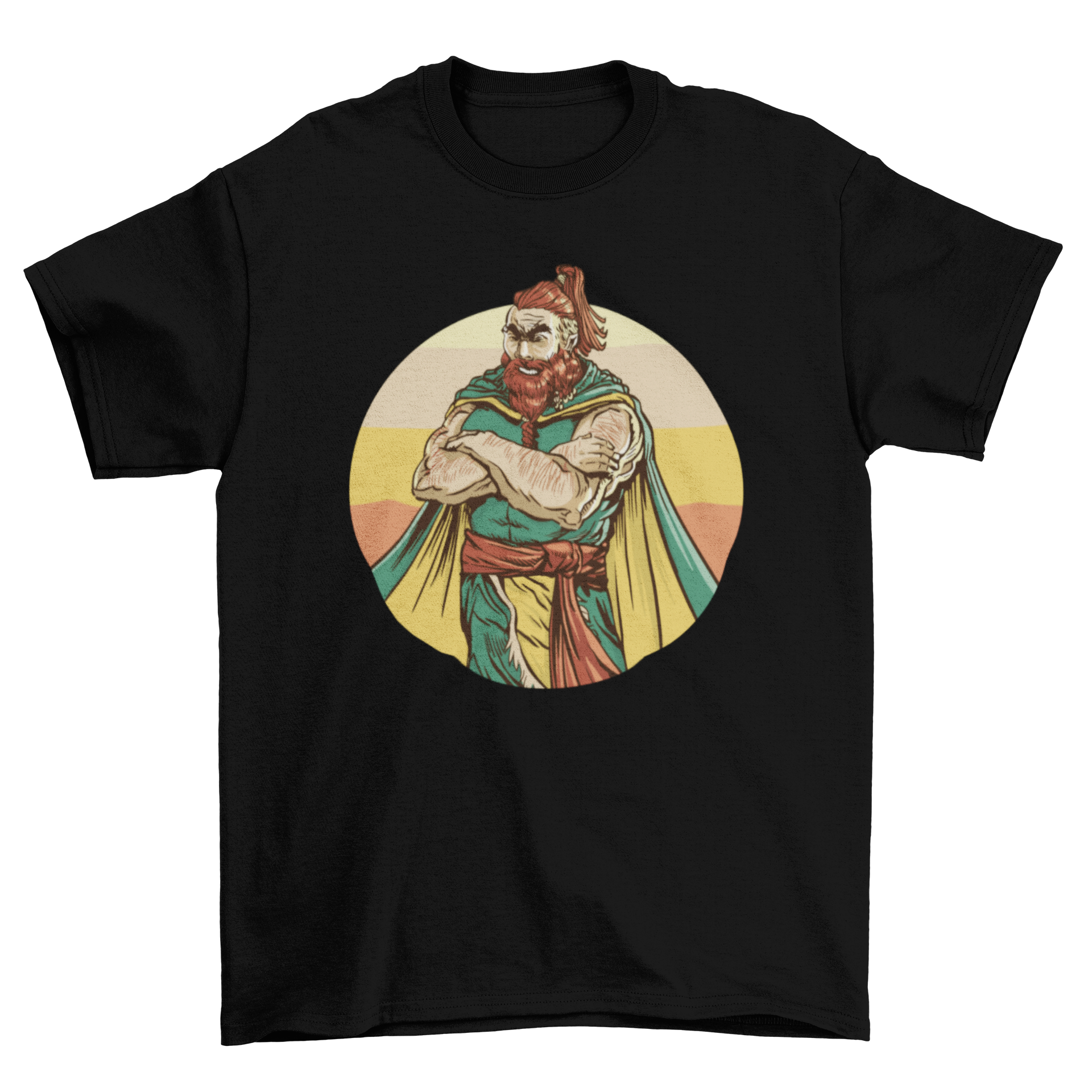 Angry Viking Character T-Shirt featuring a viking man with arms crossed, showcasing a bold and fierce design.