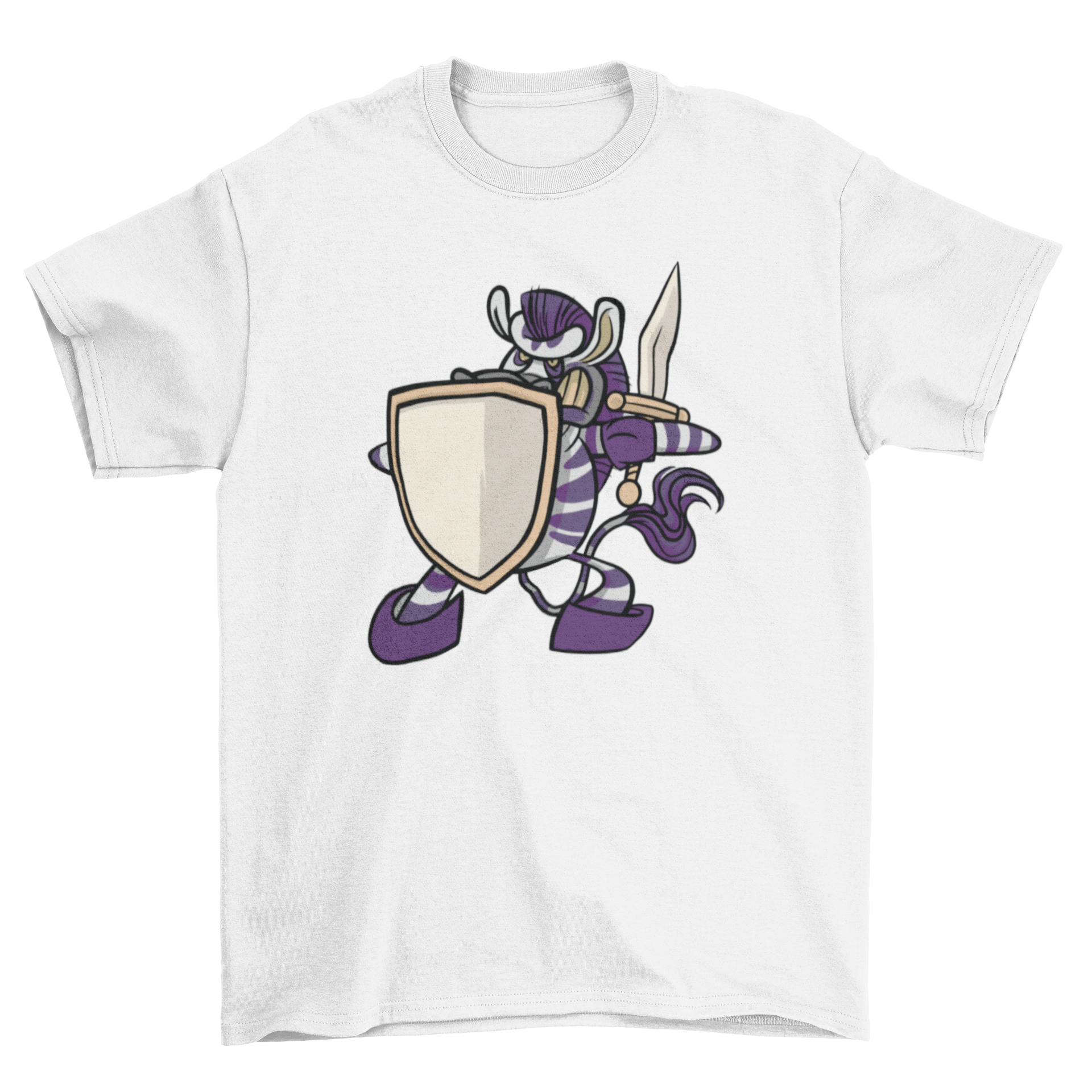 Angry warrior zebra t-shirt featuring a cartoon zebra with a shield and sword design.