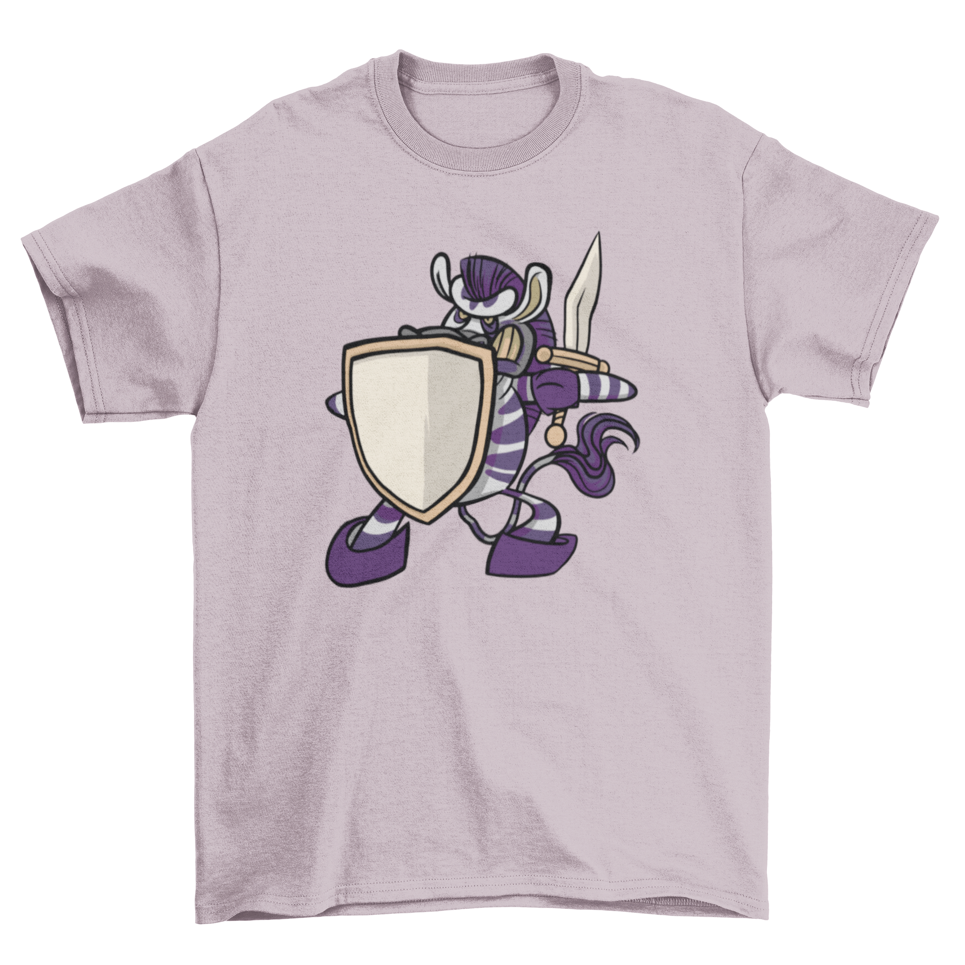 Angry warrior zebra t-shirt featuring a cartoon zebra with a shield and sword design.