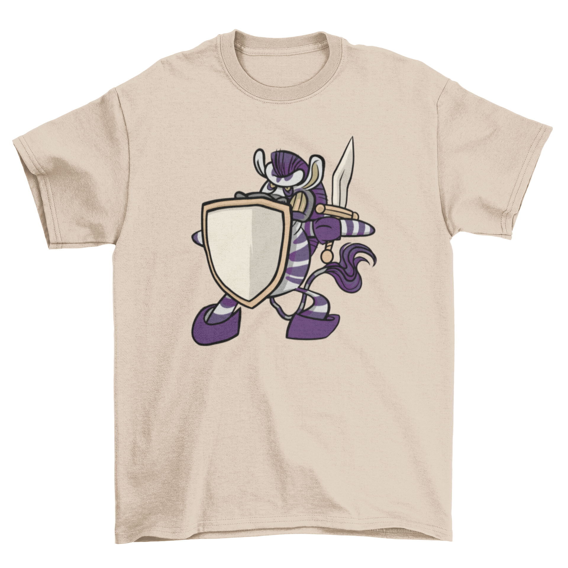 Angry warrior zebra t-shirt featuring a cartoon zebra with a shield and sword design.