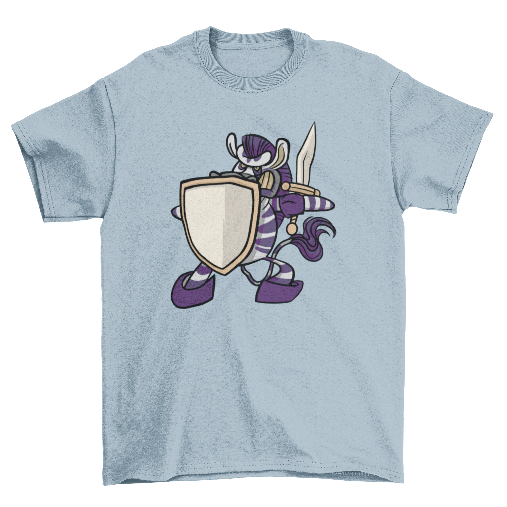 Angry warrior zebra t-shirt featuring a cartoon zebra with a shield and sword design.