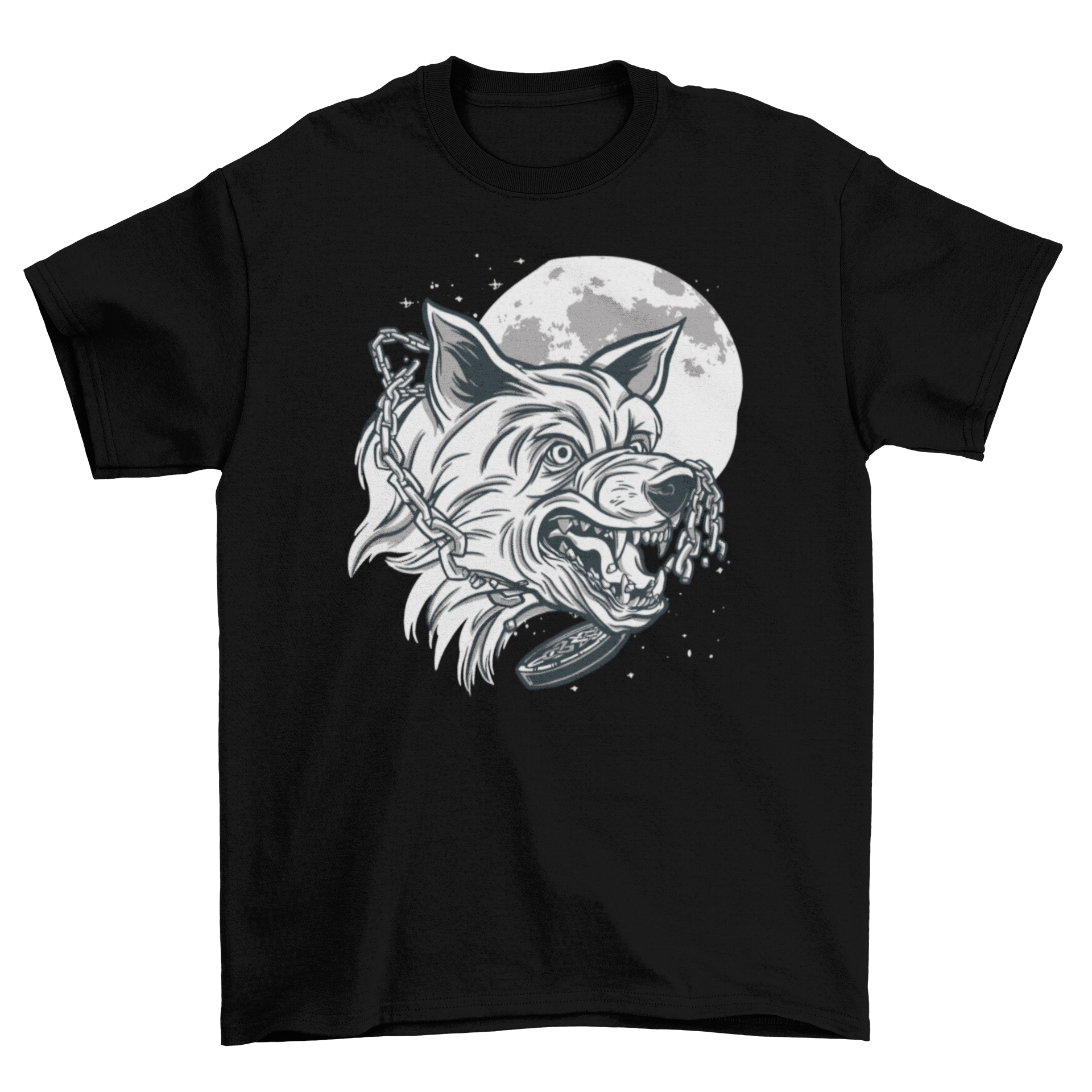 Angry wolf monochromatic t-shirt featuring a fierce wolf design in black and white.