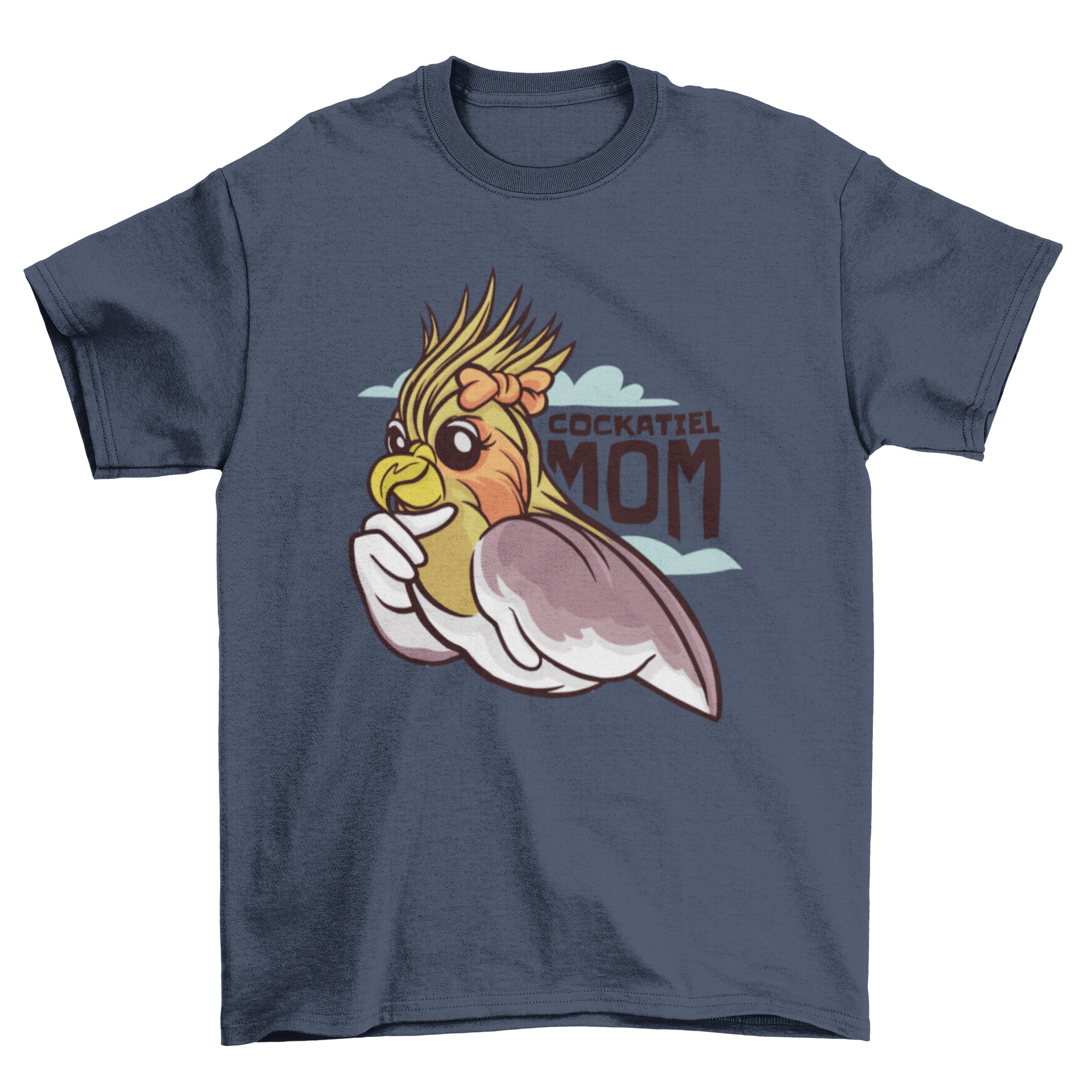 A fun cartoon t-shirt featuring a cockatiel bird wearing a bow and the quote 'Cockatiel mom'.