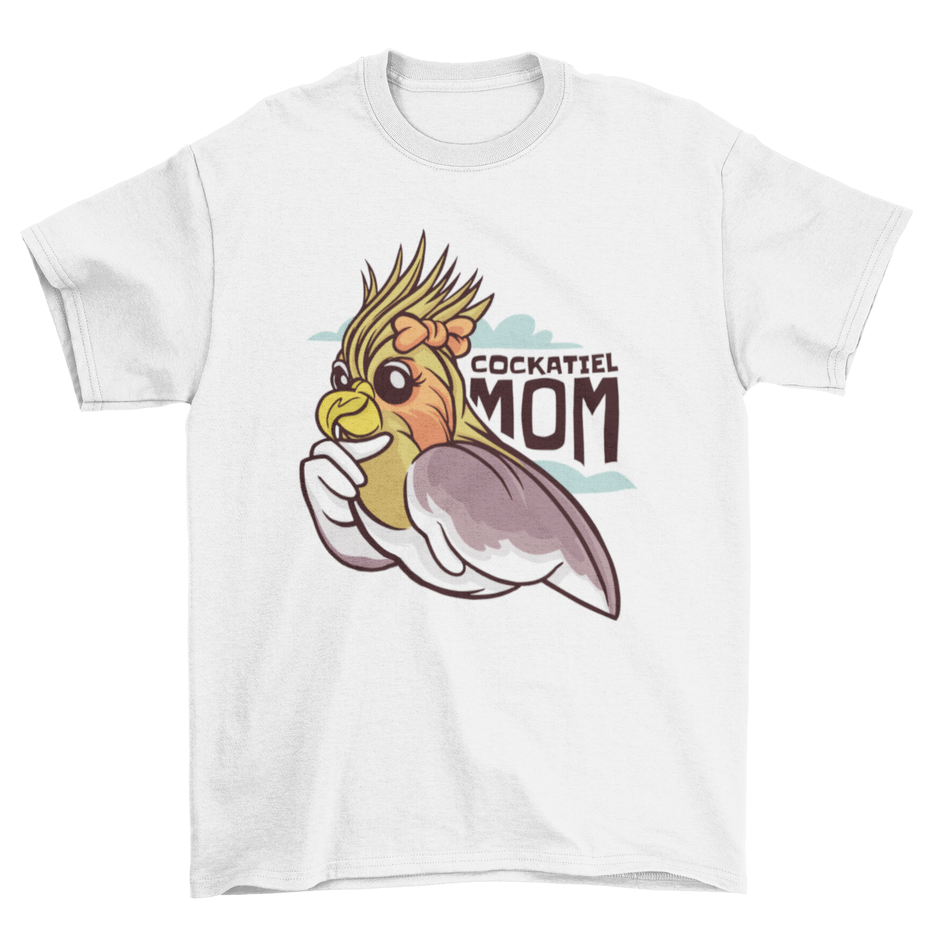 A fun cartoon t-shirt featuring a cockatiel bird wearing a bow and the quote 'Cockatiel mom'.