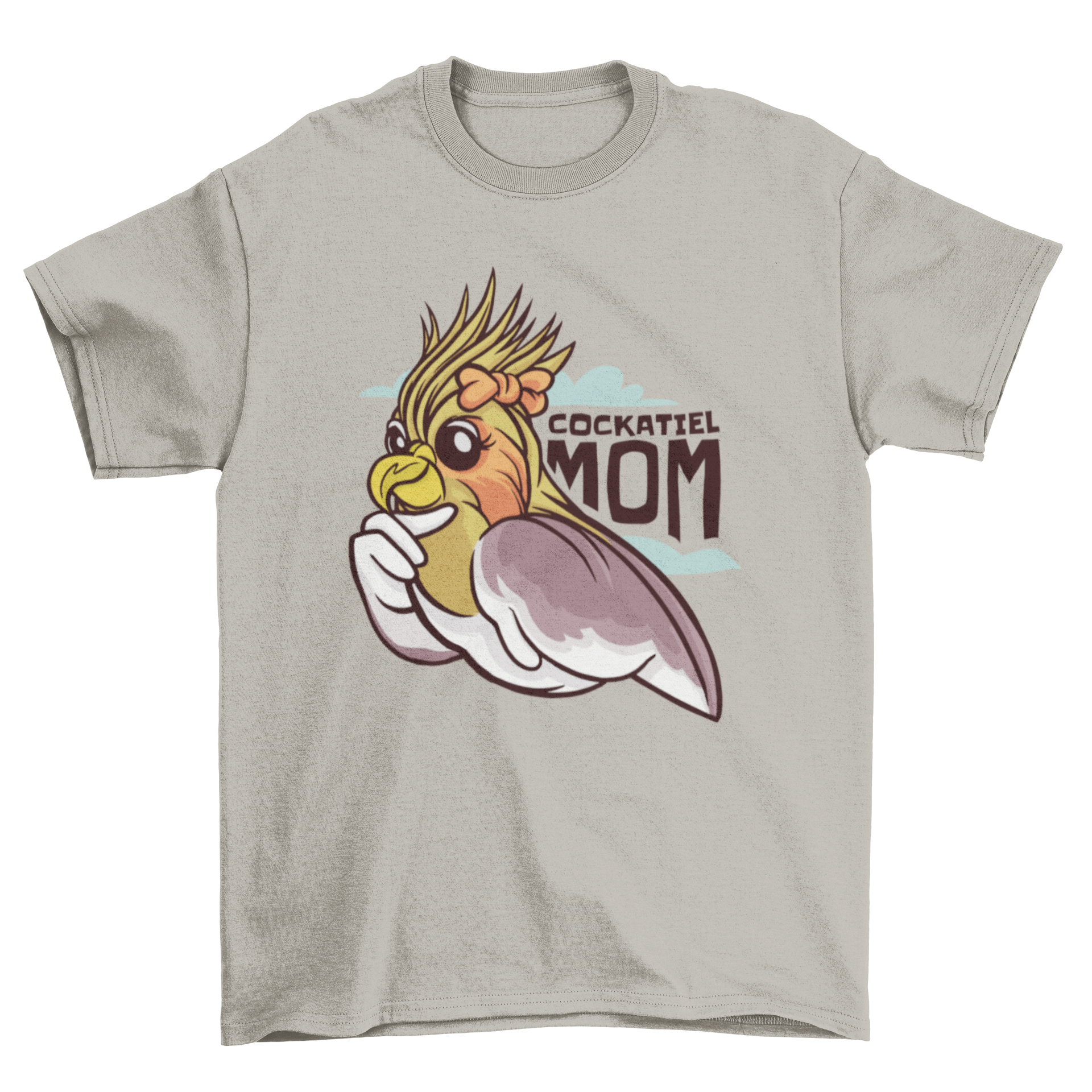 A fun cartoon t-shirt featuring a cockatiel bird wearing a bow and the quote 'Cockatiel mom'.