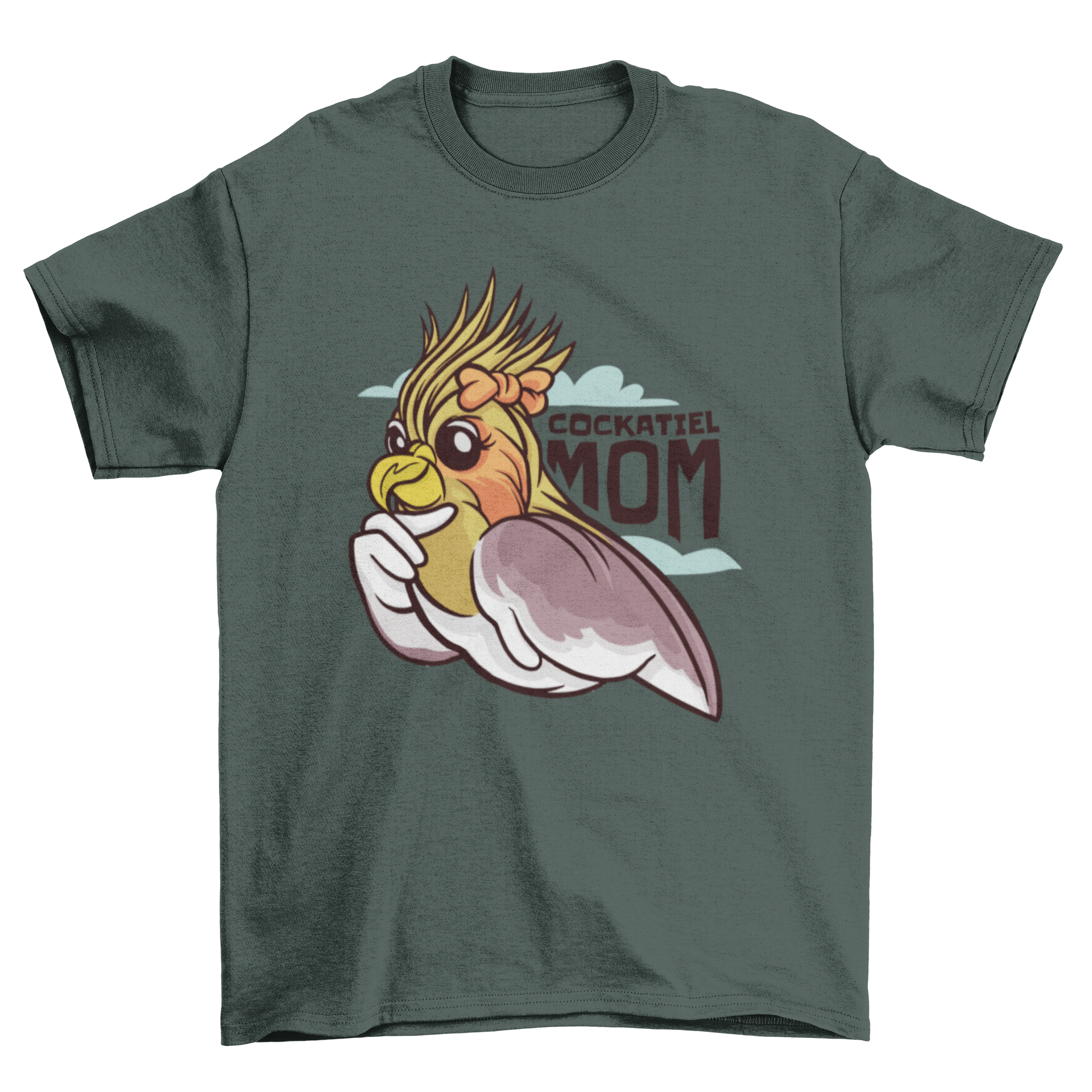 A fun cartoon t-shirt featuring a cockatiel bird wearing a bow and the quote 'Cockatiel mom'.