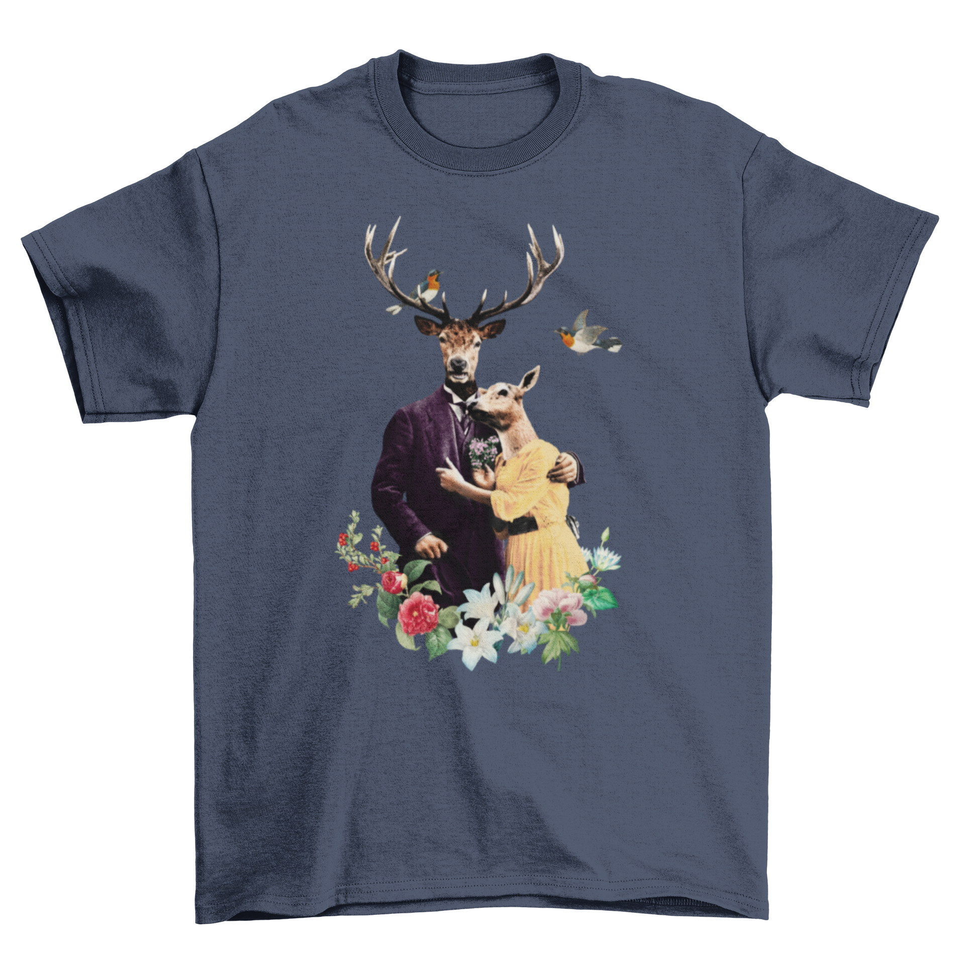 A charming t-shirt design featuring a couple of reindeers dressed in a fancy suit and dress, surrounded by flowers.