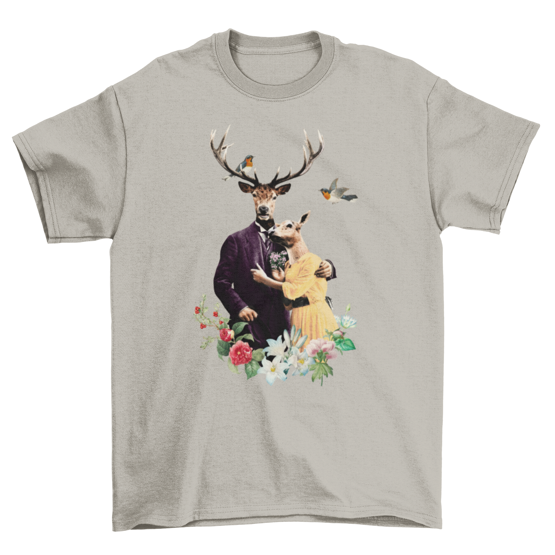 A charming t-shirt design featuring a couple of reindeers dressed in a fancy suit and dress, surrounded by flowers.