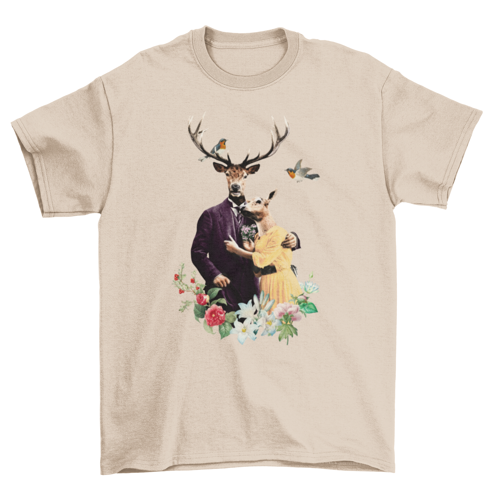 A charming t-shirt design featuring a couple of reindeers dressed in a fancy suit and dress, surrounded by flowers.