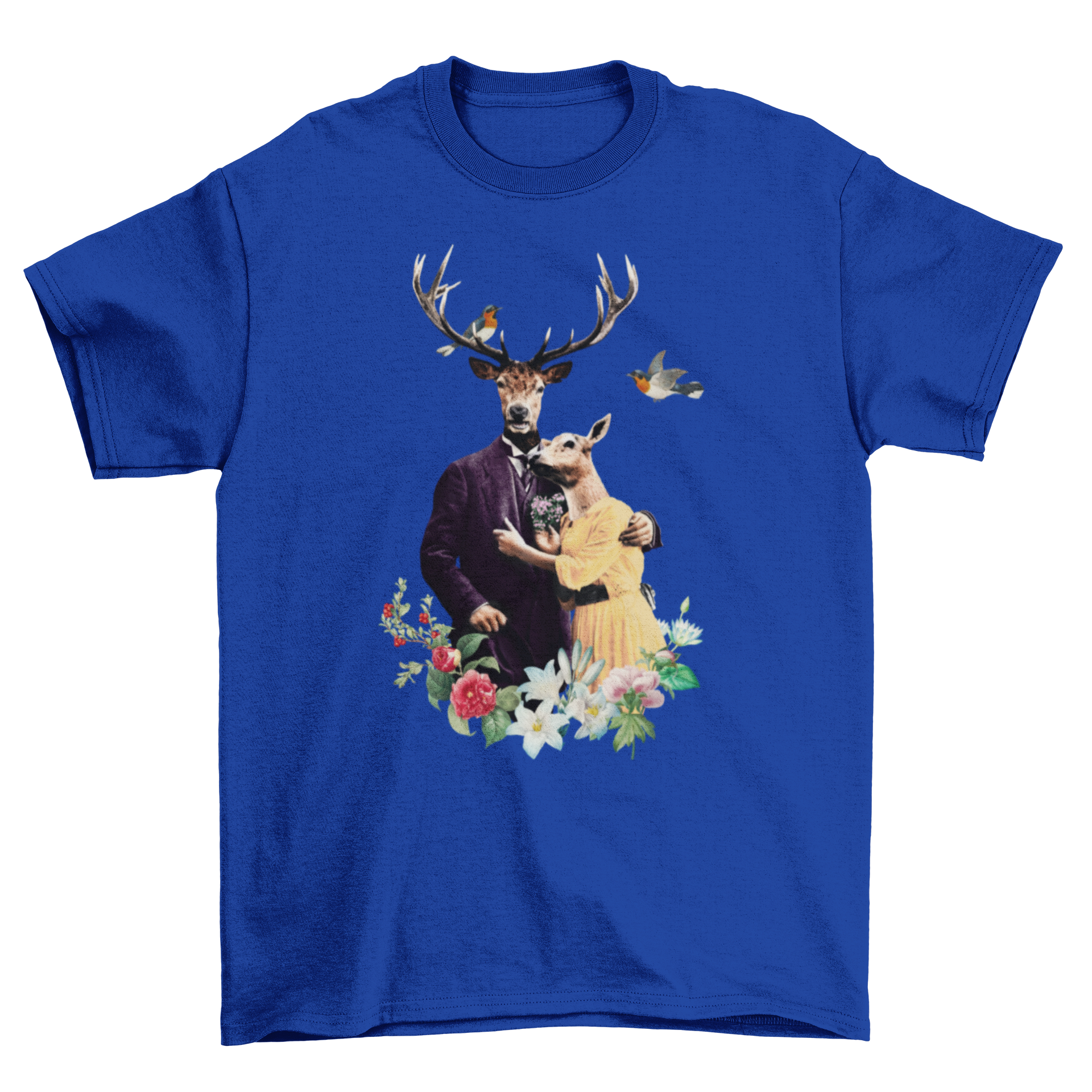 A charming t-shirt design featuring a couple of reindeers dressed in a fancy suit and dress, surrounded by flowers.