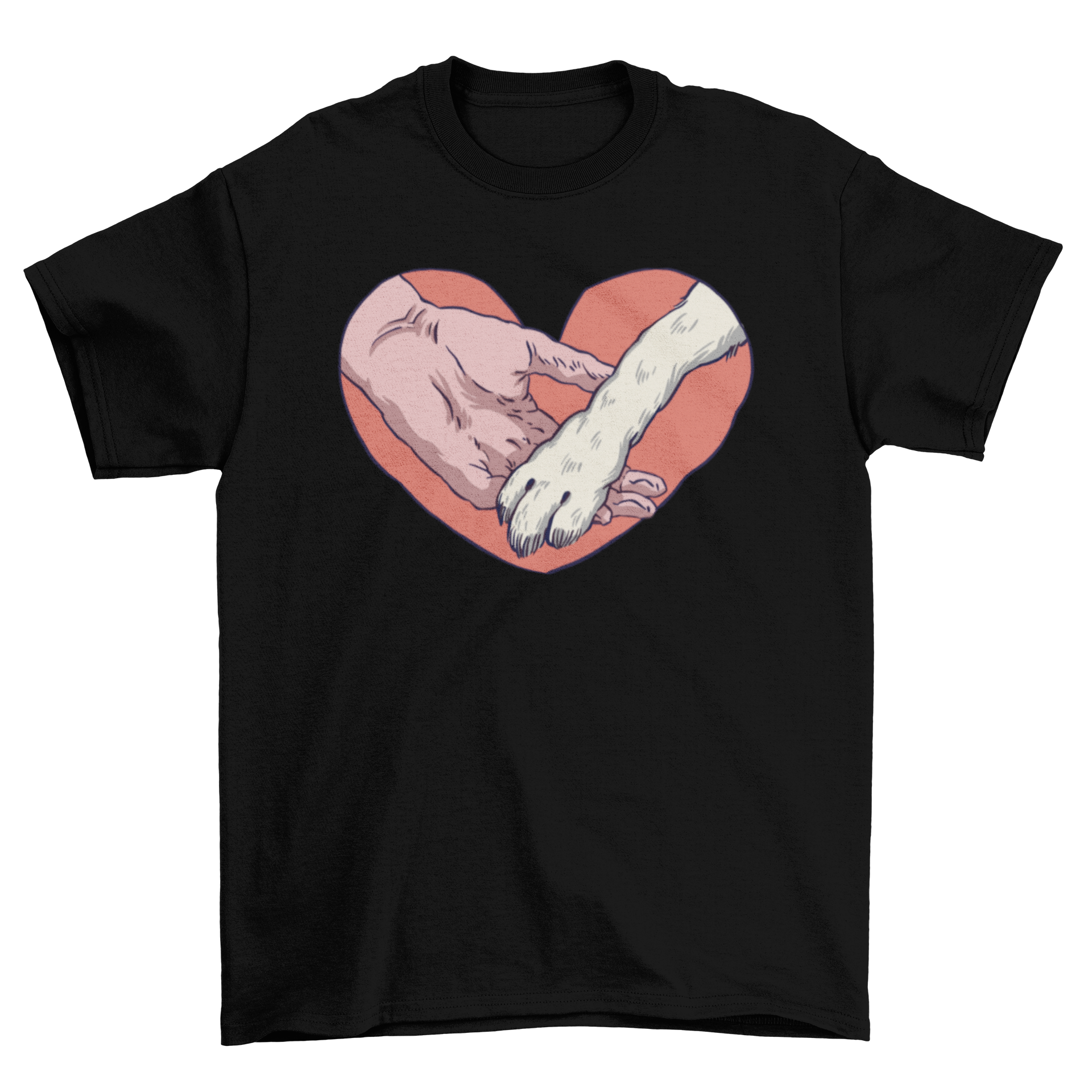 A heart-shaped design featuring a human hand and an animal paw, hand-drawn style t-shirt.