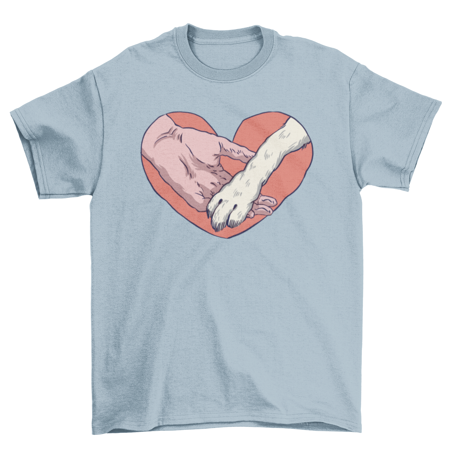 A heart-shaped design featuring a human hand and an animal paw, hand-drawn style t-shirt.