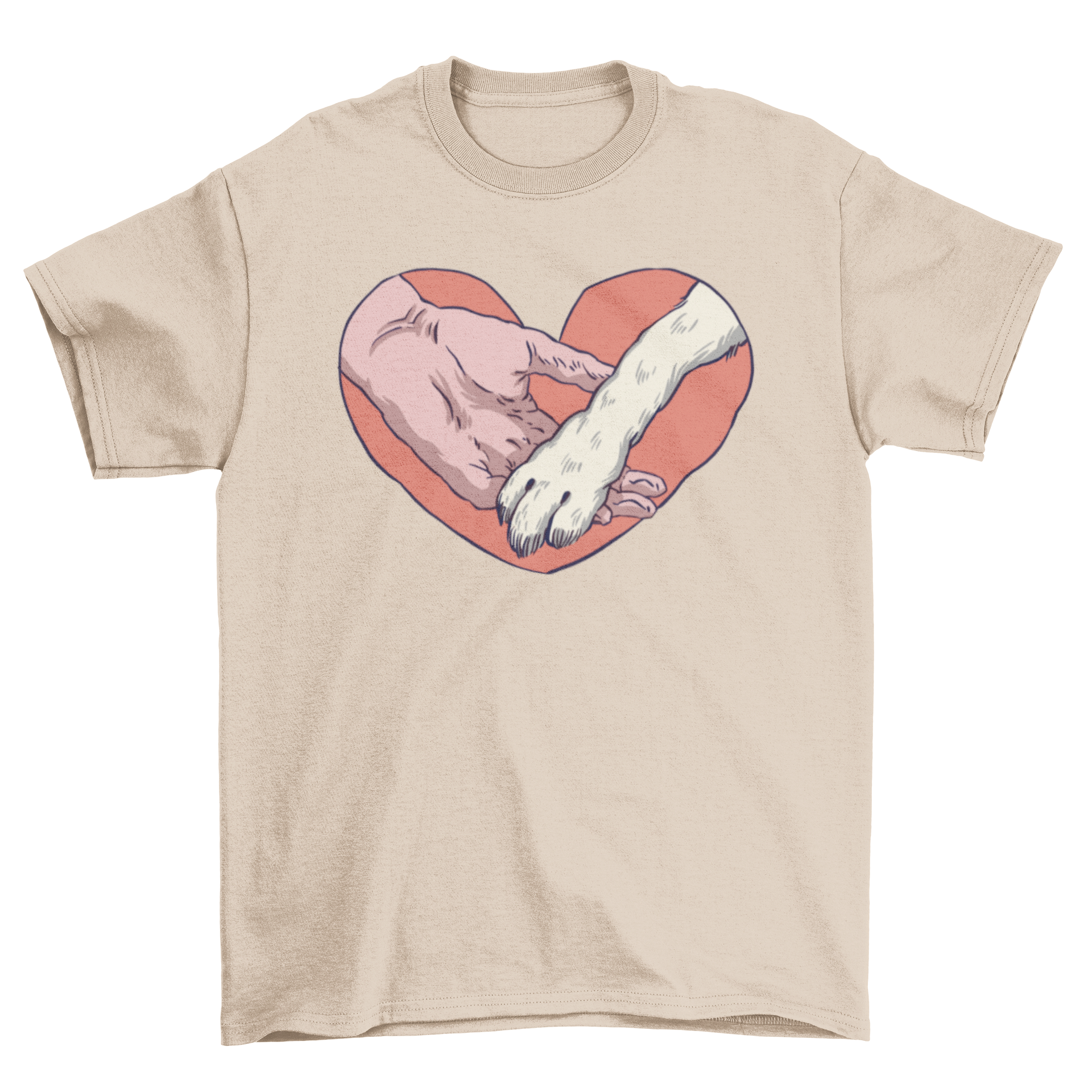 A heart-shaped design featuring a human hand and an animal paw, hand-drawn style t-shirt.