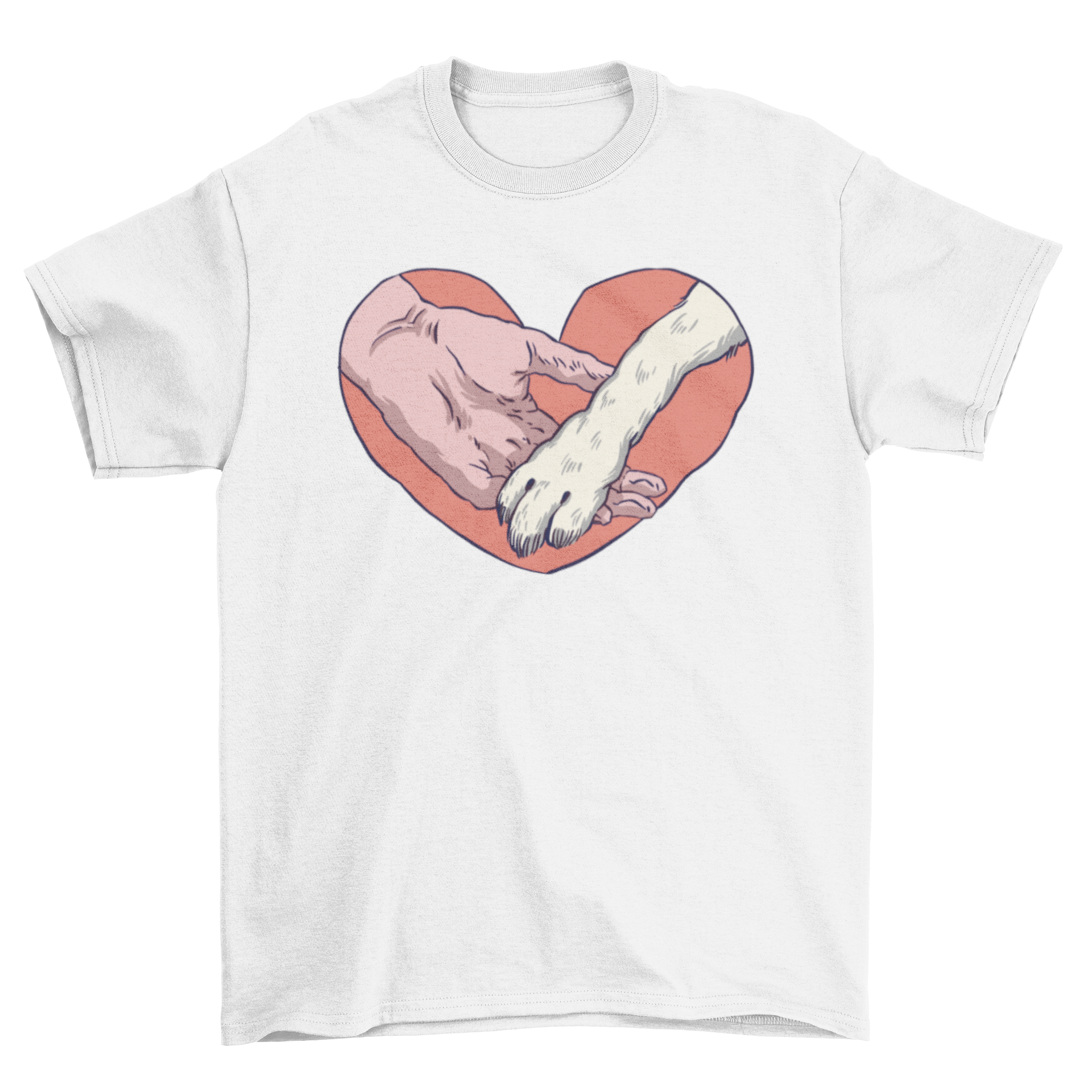 A heart-shaped design featuring a human hand and an animal paw, hand-drawn style t-shirt.