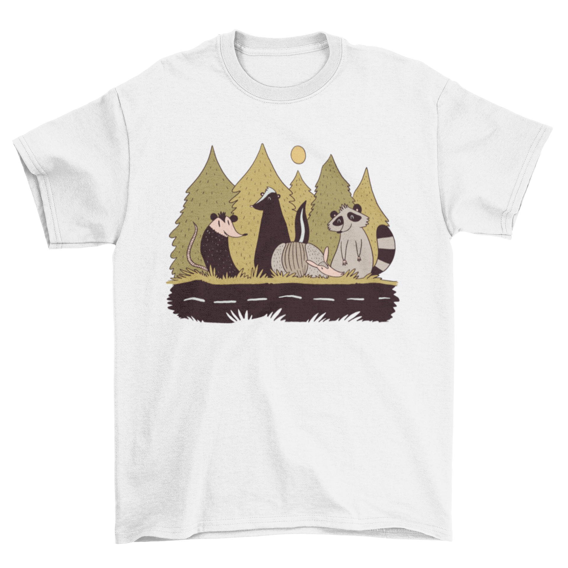 Animals Street T-Shirt featuring a colorful illustration of various animals next to a street, perfect for casual wear.