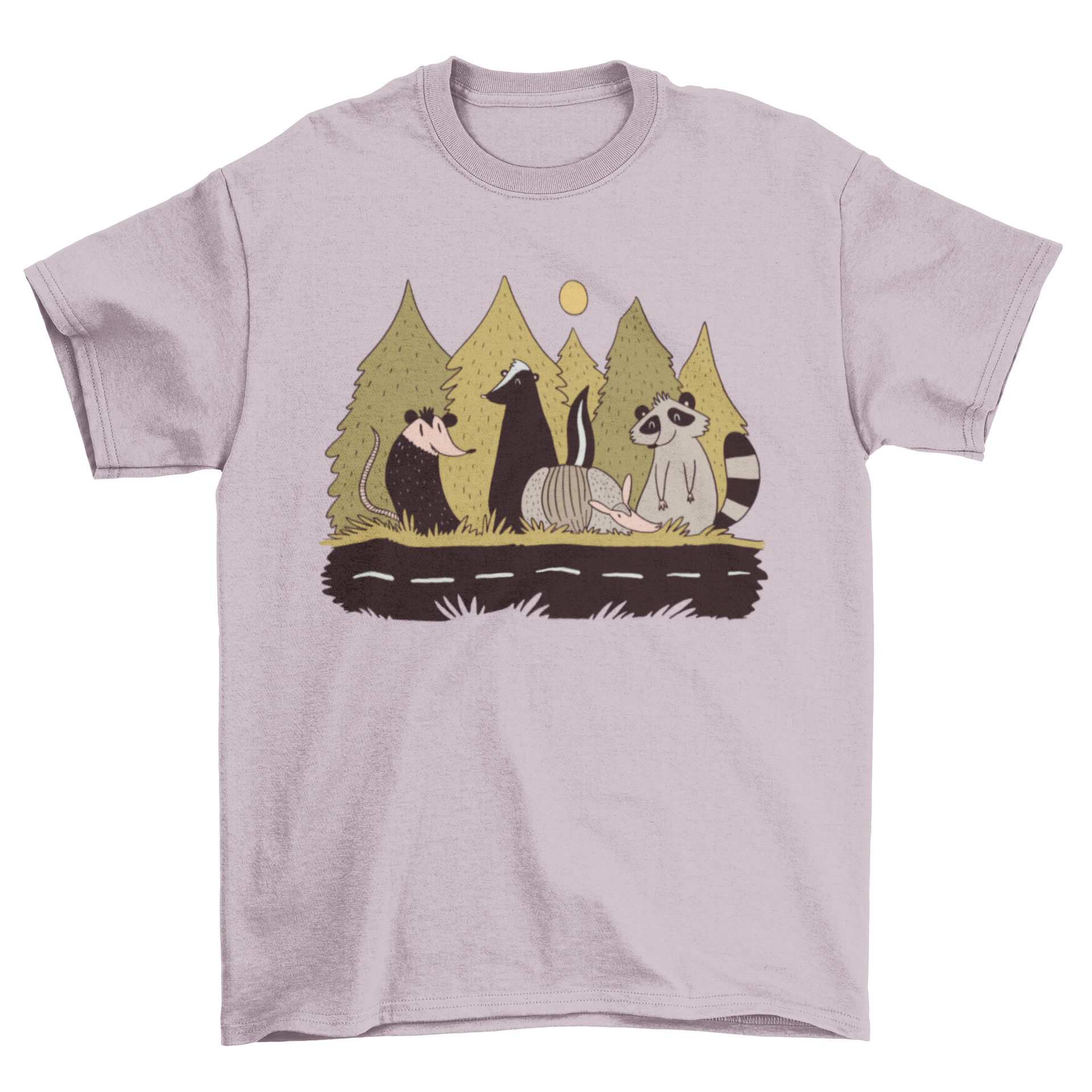 Animals Street T-Shirt featuring a colorful illustration of various animals next to a street, perfect for casual wear.