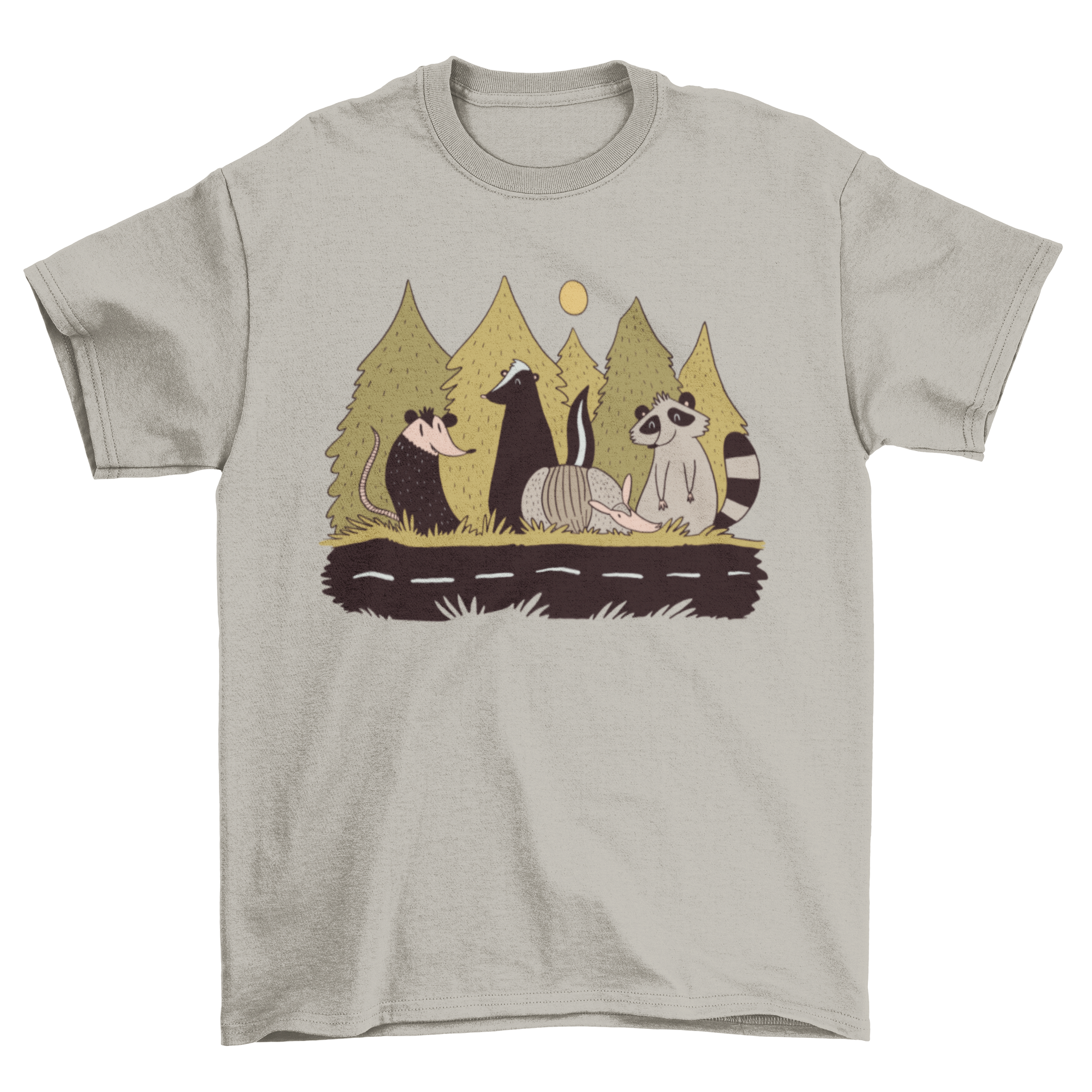 Animals Street T-Shirt featuring a colorful illustration of various animals next to a street, perfect for casual wear.